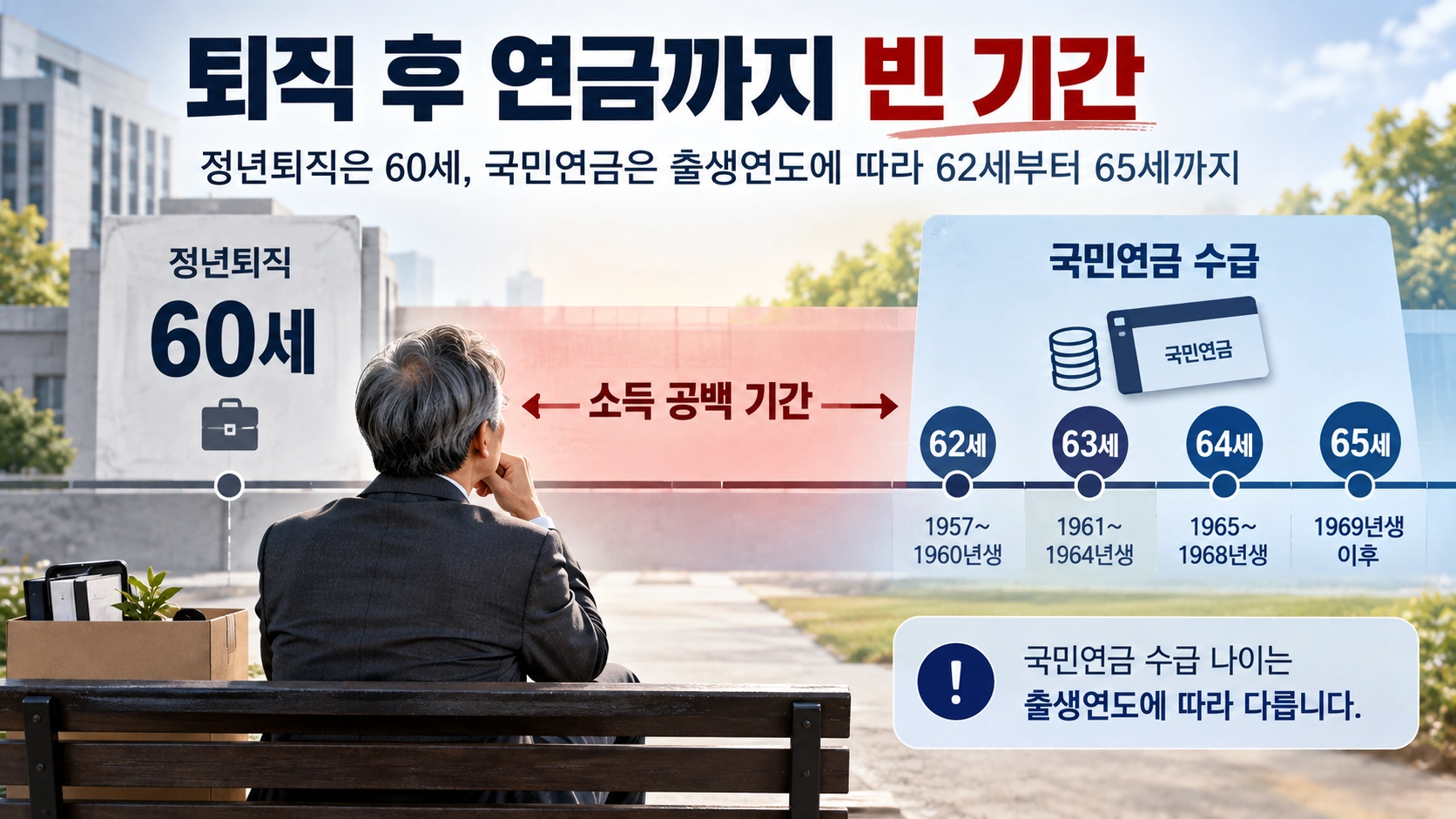 정년퇴직 나이 60세와 국민연금 수급 나이 63세부터 65세 사이에 발생하는 소득 공백을 설명하는 그림