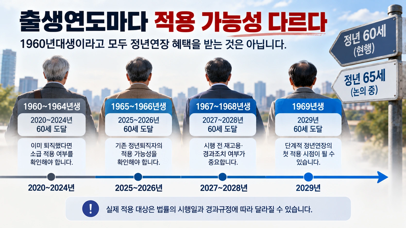 1960년부터 1969년까지 출생연도별 60세 도달 연도와 정년연장 논의의 관계를 보여주는 인포그래픽