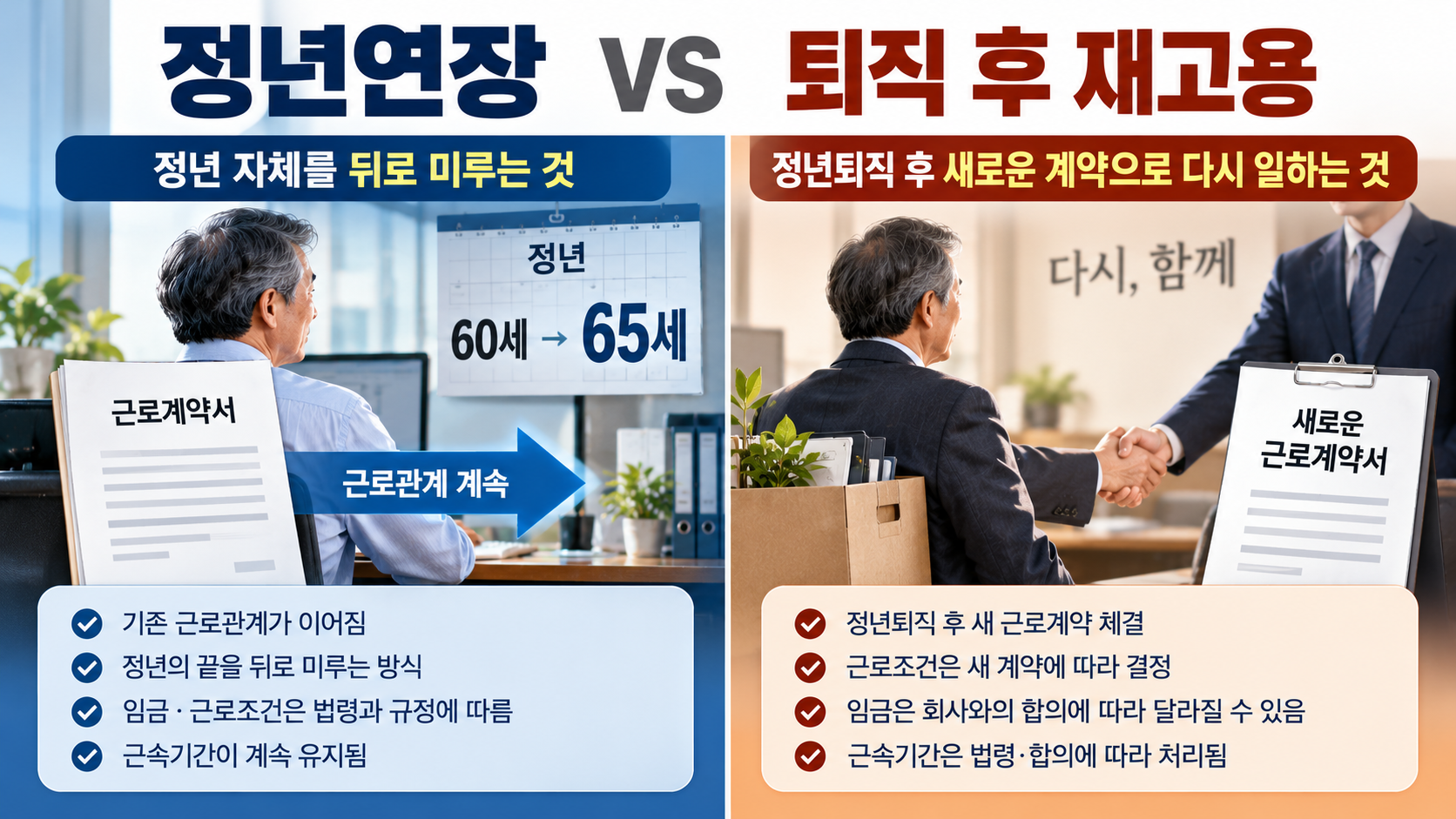 기존 근로관계를 연장하는 정년연장과 퇴직 후 새로운 계약으로 다시 일하는 재고용의 차이를 보여주는 비교 이미지