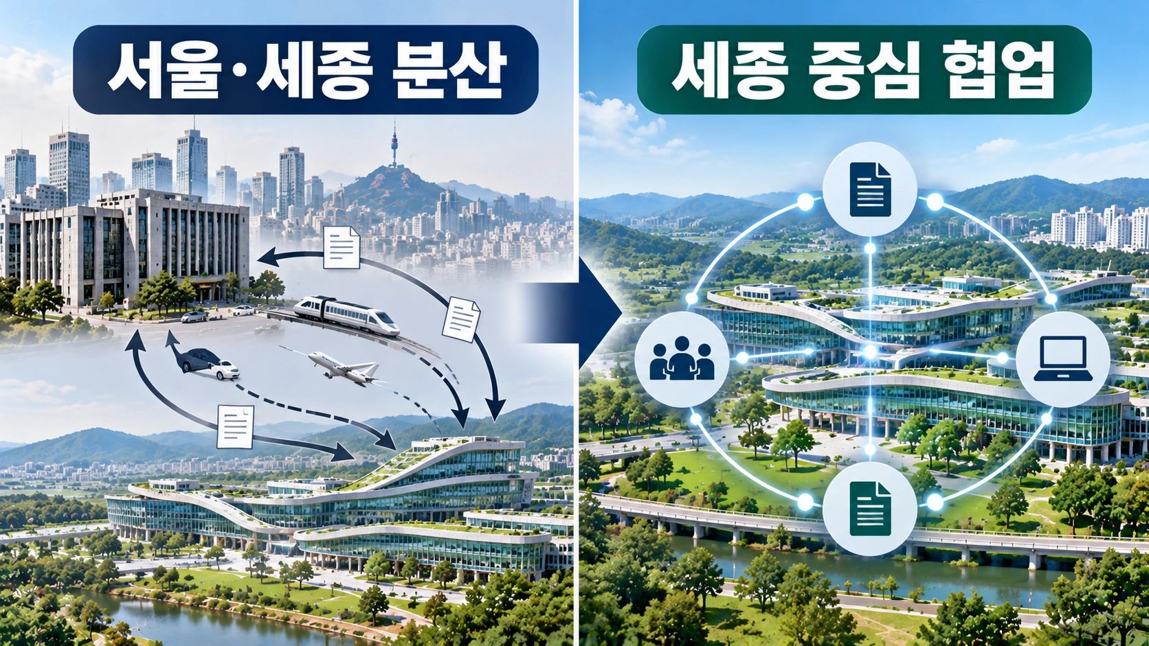 서울과 세종에 나뉜 정부기관 협업 구조와 세종 중심 행정체계의 차이를 비교한 일러스트