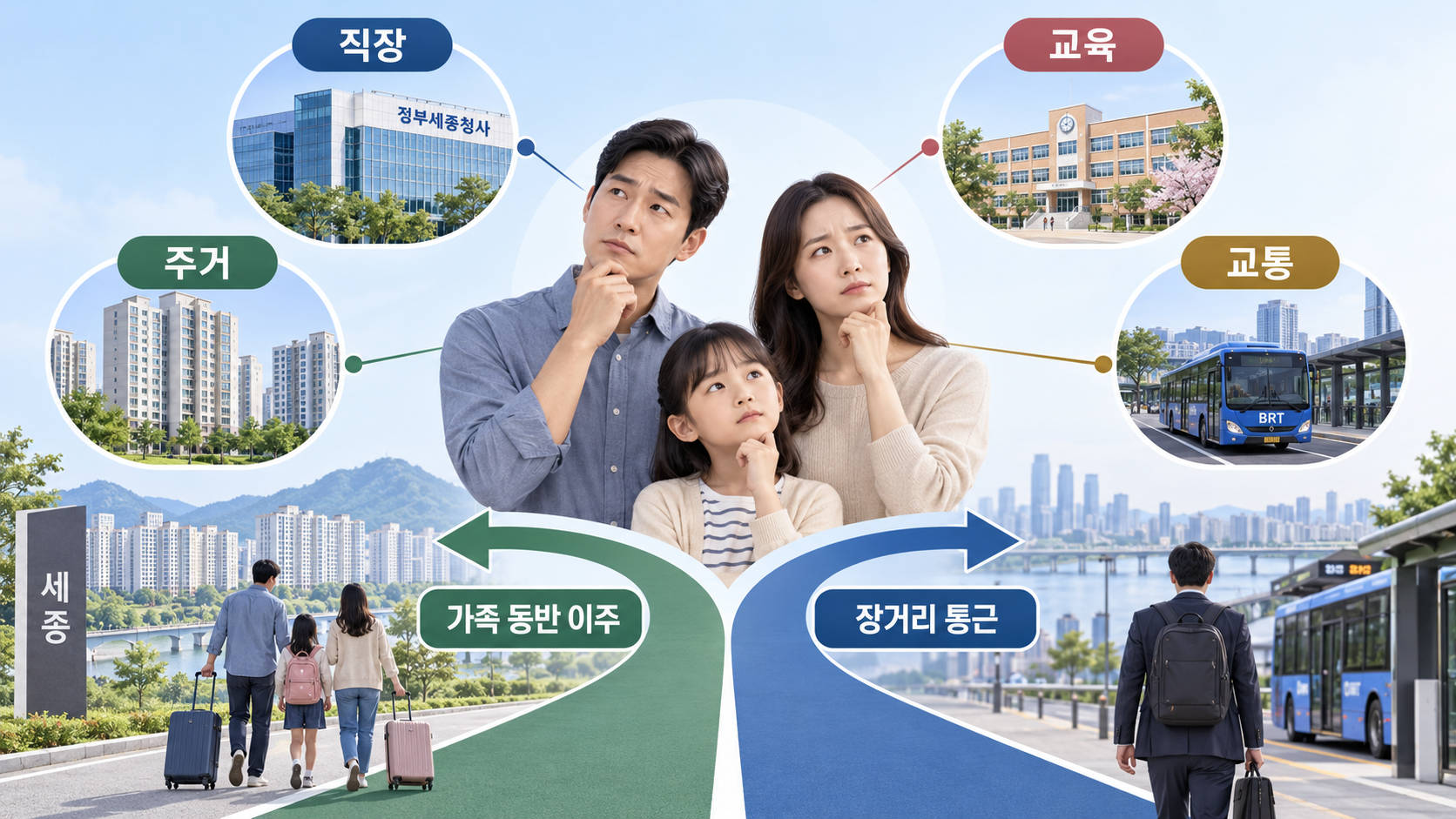세종 이전을 앞둔 공무원 가정이 직장·주거·자녀 교육·통근 조건을 검토하는 모습