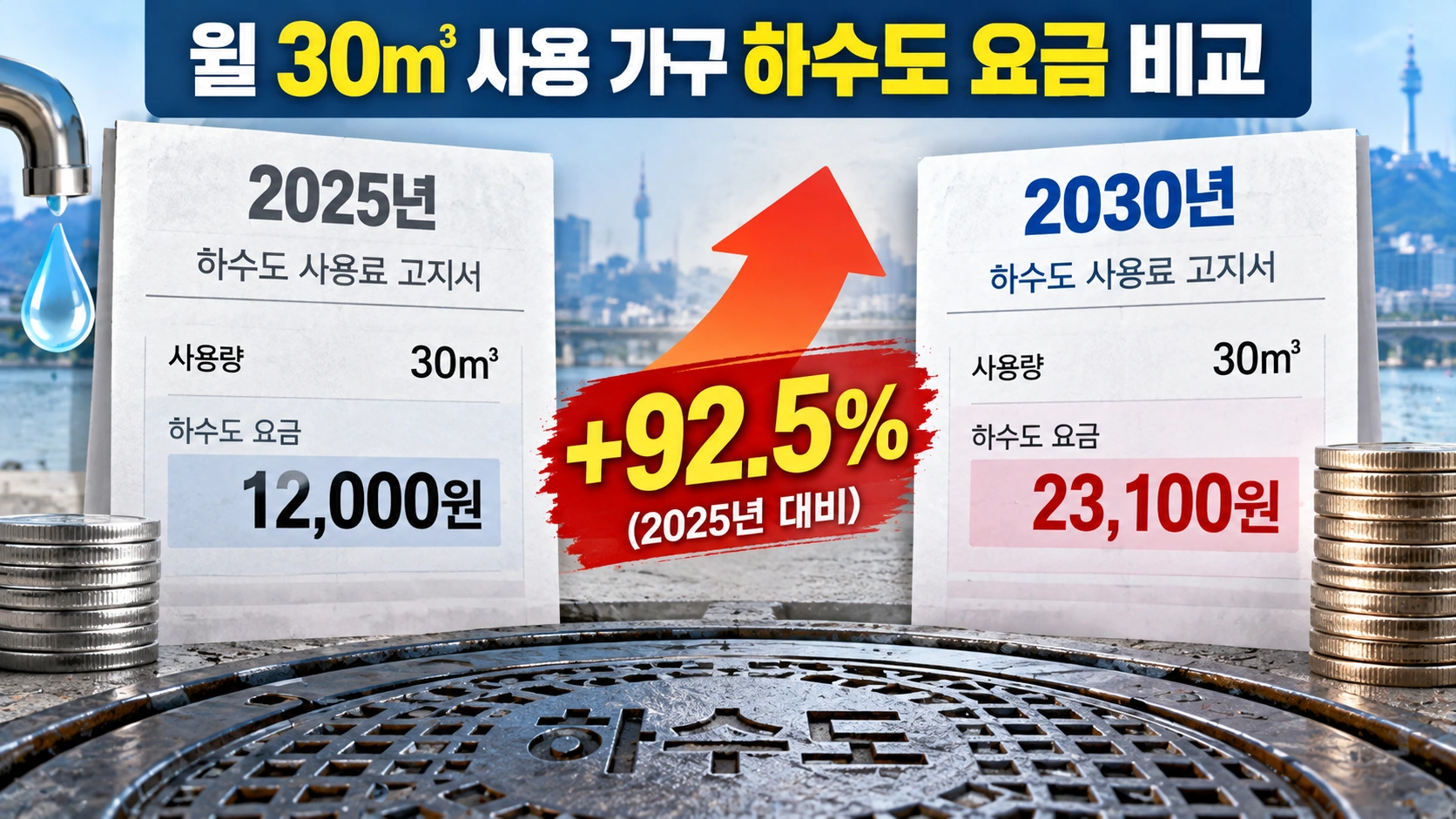 월 30㎥ 사용 가구의 하수도 요금이 2025년 1만2천원에서 2030년 2만3천100원으로 증가하는 비교 인포그래픽