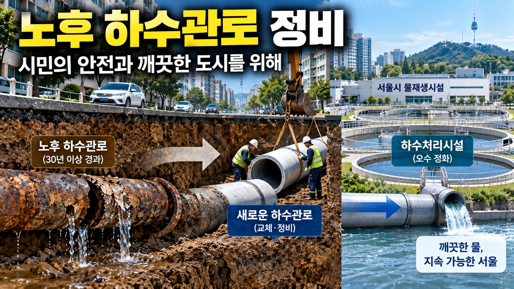 서울 지하의 노후 하수관로를 정비하고 물재생시설을 개선하는 모습을 보여주는 설명형 일러스트