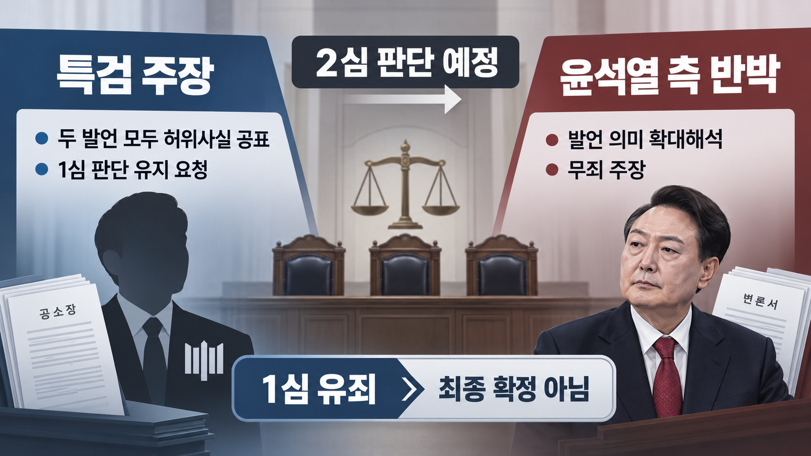 윤석열 선거법 재판에서 특검팀의 주장과 윤석열 전 대통령 측의 반박을 비교한 설명 이미지