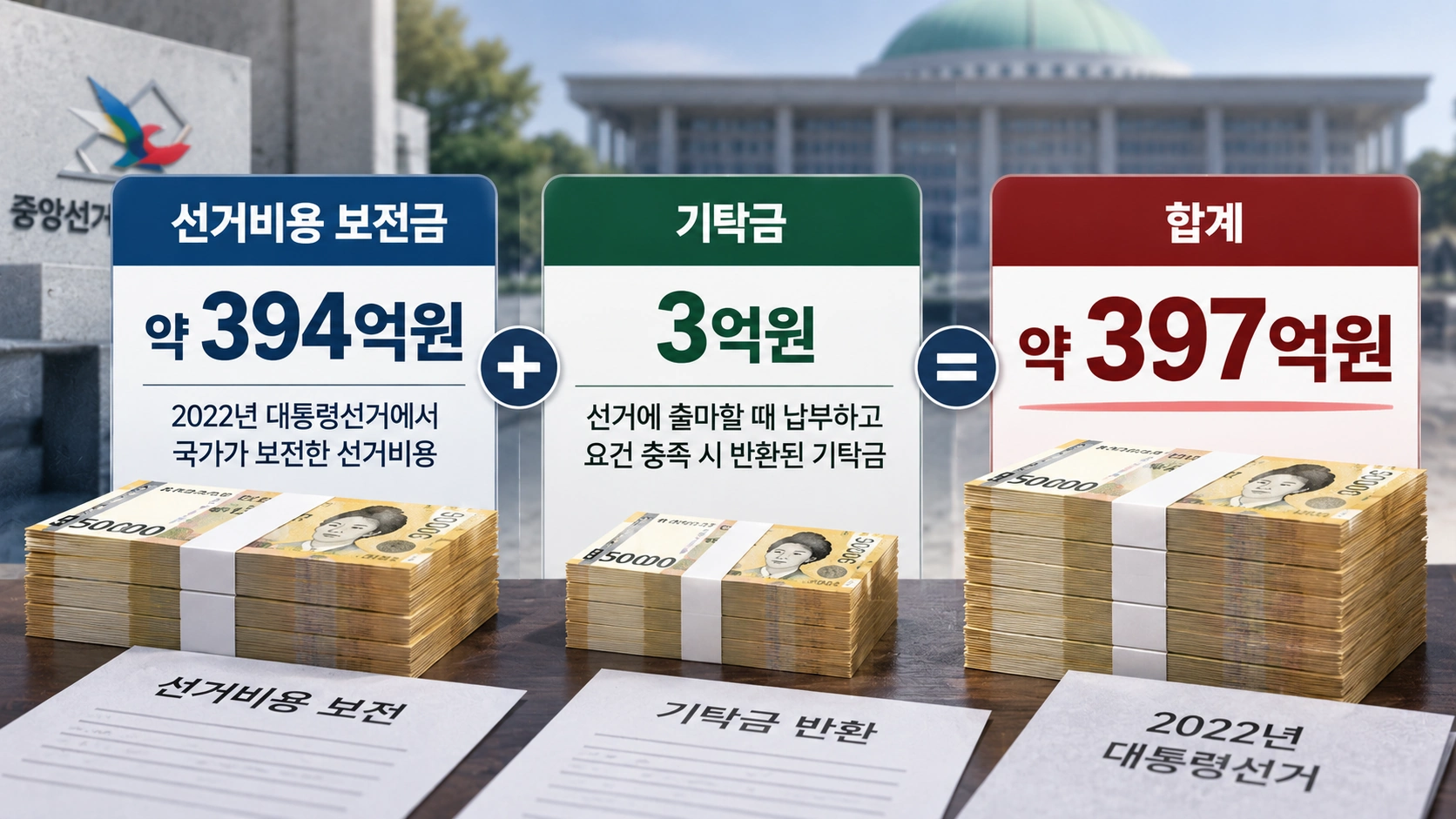국민의힘이 2022년 대선에서 보전받은 선거비용 약 394억원과 기탁금 3억원을 합쳐 약 397억원이 되는 구조를 보여주는 이미지