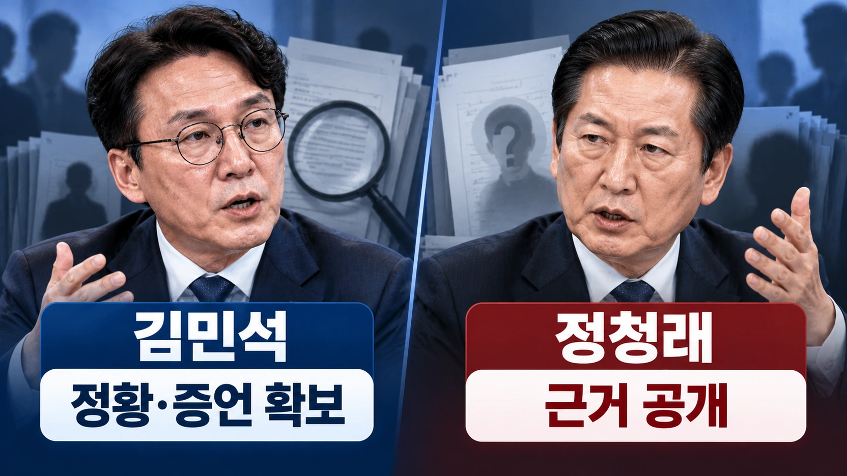 김민석 대표와 정청래 전 대표가 민주당 신천지 의혹의 조사와 공개 문제를 놓고 보인 서로 다른 입장을 정리한 비교 일러스트