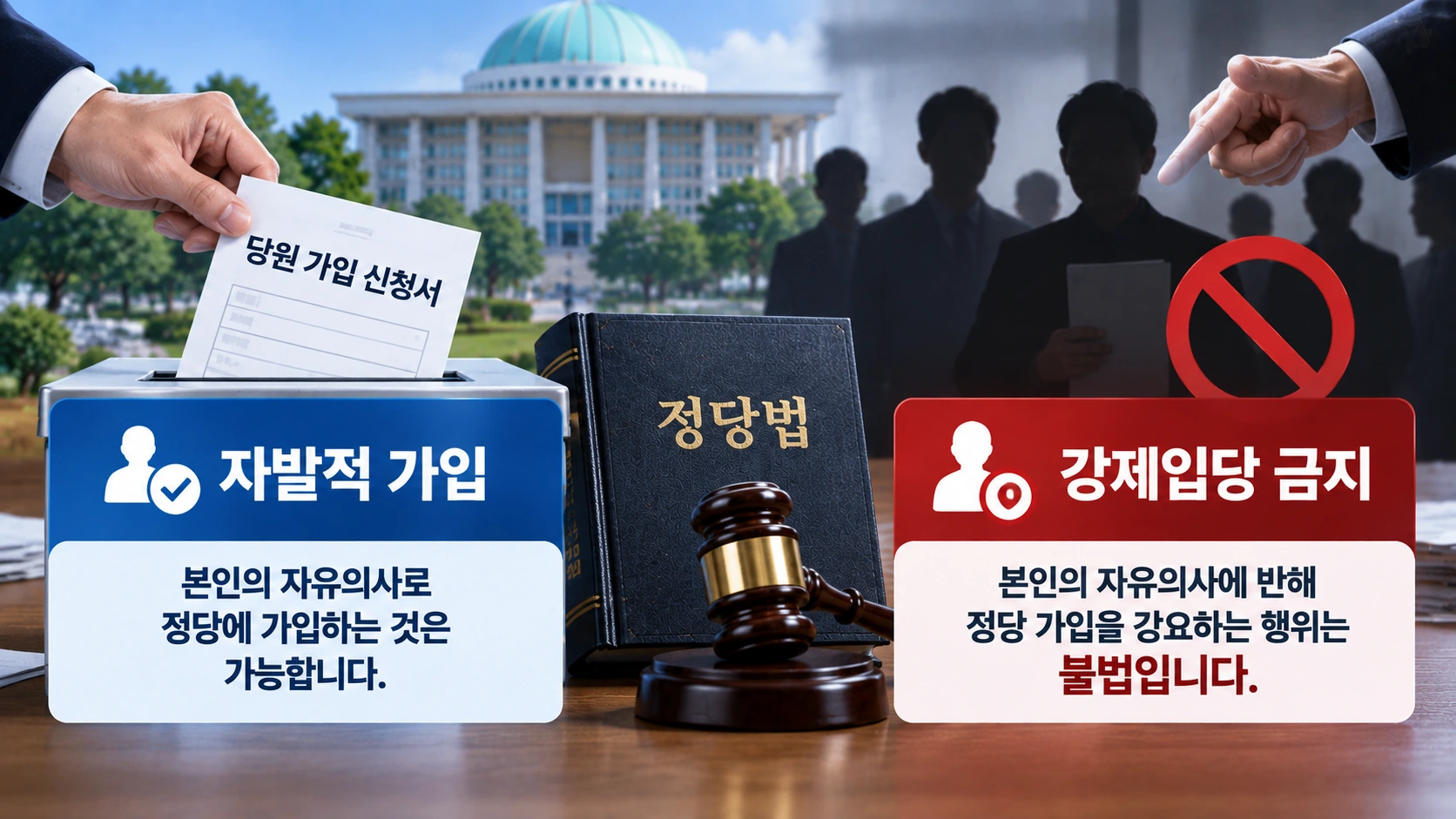 자발적 정당 가입과 강요에 의한 가입의 차이를 정당법 관점에서 설명하는 비교 인포그래픽