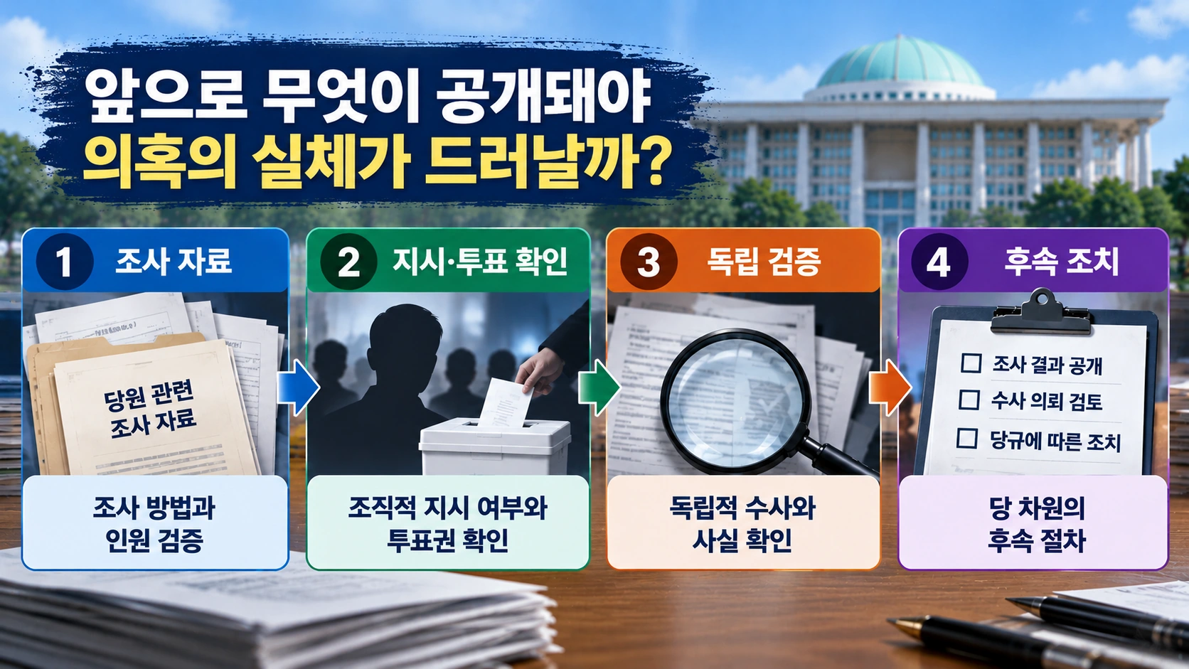 민주당 신천지 집단 가입 의혹의 향후 검증 절차를 조사 자료 공개부터 독립적 사실 확인과 후속 조치까지 정리한 흐름도