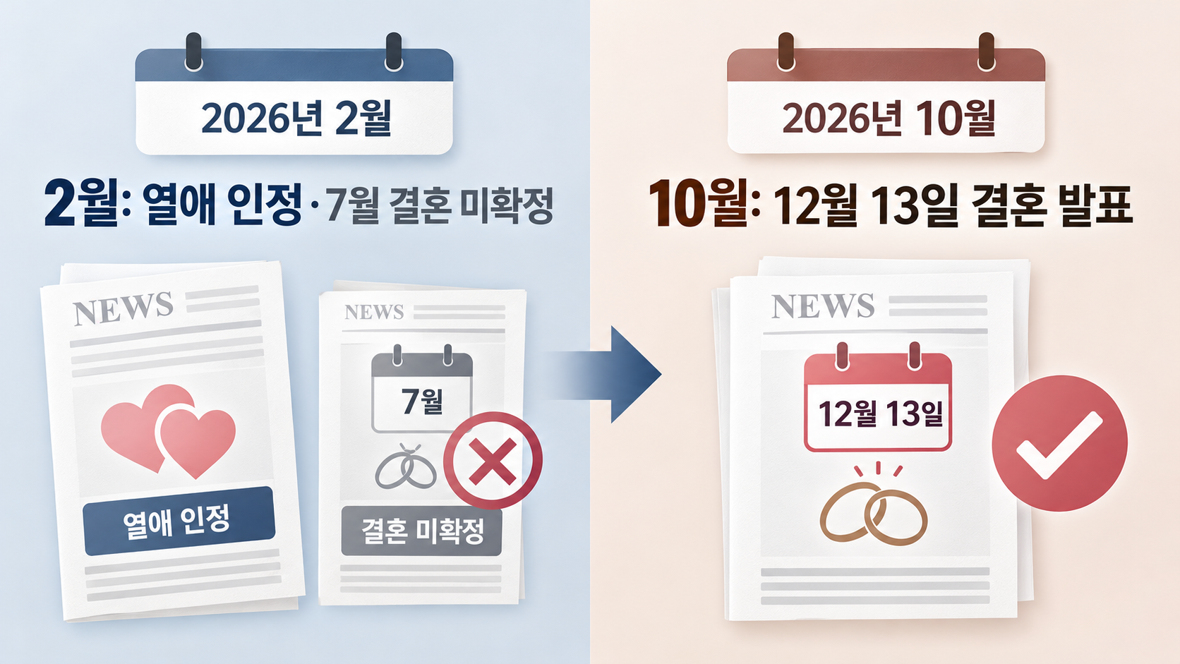 하정우와 차정원의 2월 열애 인정 및 7월 결혼설 부인과 10월 결혼 발표의 차이를 비교한 이미지