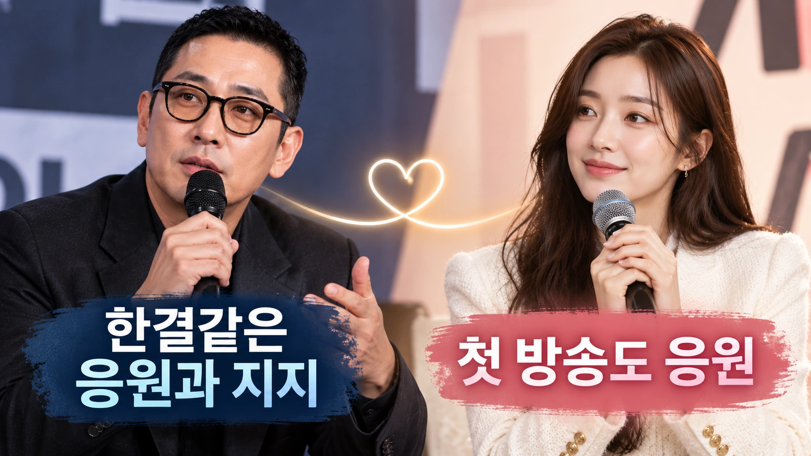 하정우와 차정원이 2026년 공식 석상에서 서로의 응원과 지지를 언급한 내용을 비교한 일러스트