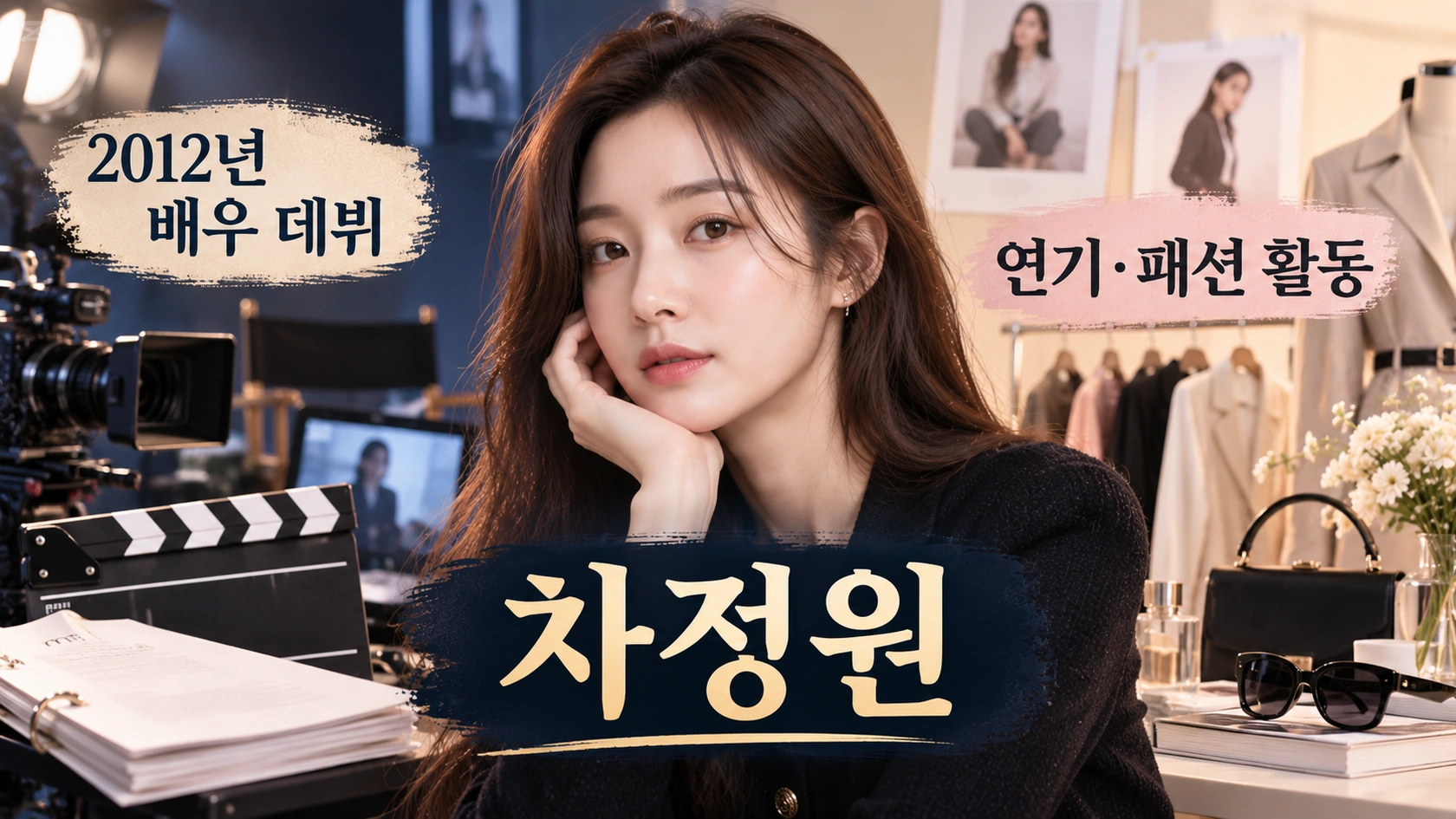 배우 차정원의 주요 출연작과 패션 활동을 간결하게 정리한 프로필형 인포그래픽