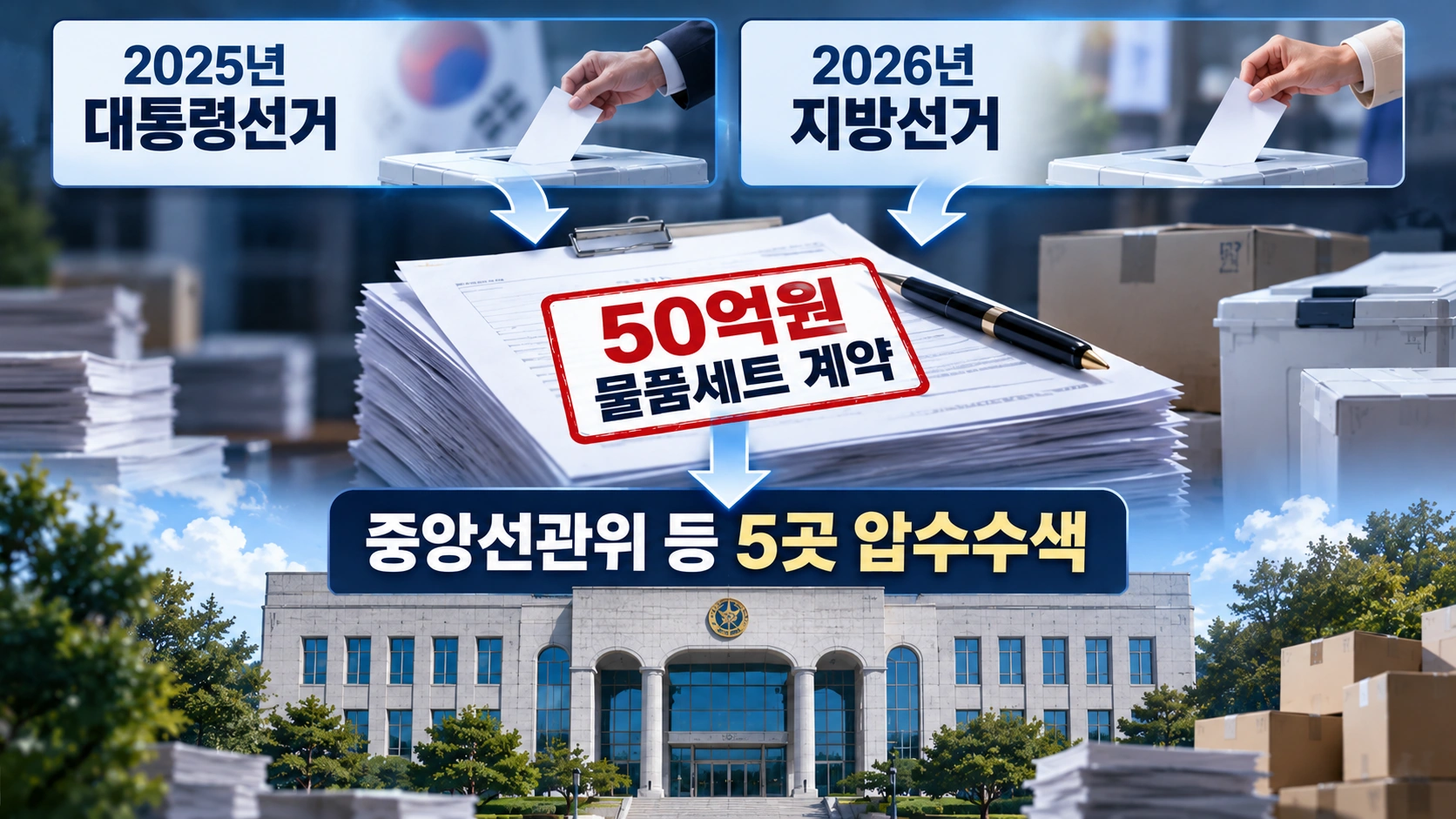 2025년 대선과 2026년 지방선거의 50억원 투표소 물품세트 제작사업 및 특검 수사 대상을 보여주는 인포그래픽