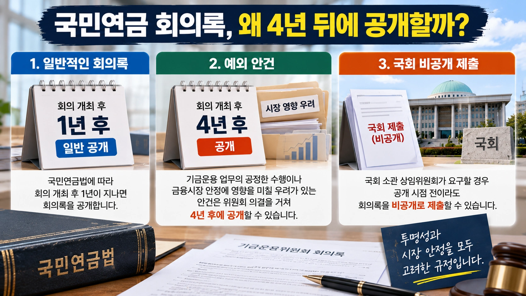 국민연금기금운용위원회 회의록의 일반 공개 시점과 4년 공개 예외, 국회 비공개 제출 제도를 설명한 인포그래픽