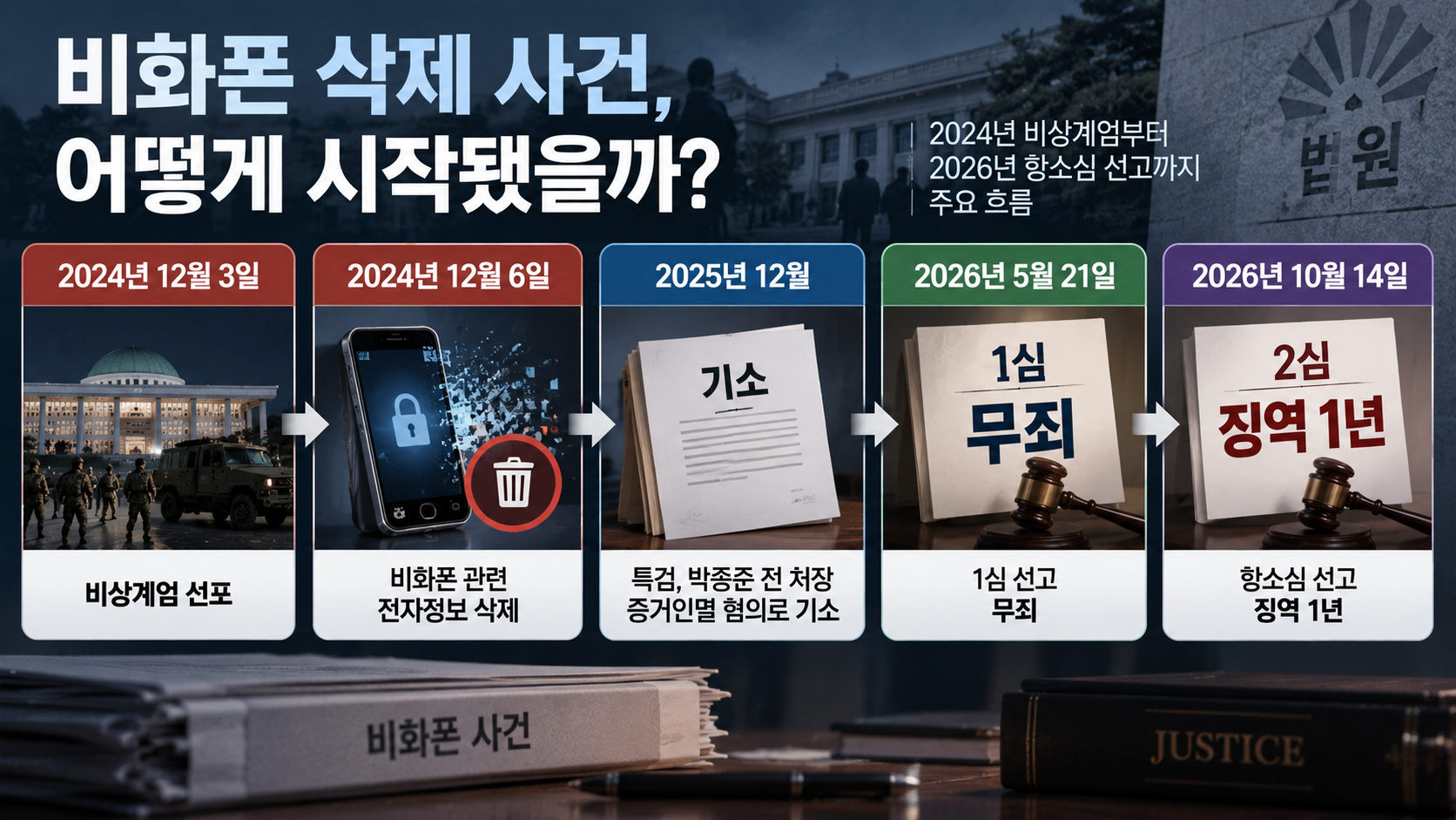 2024년 비상계엄부터 2026년 항소심 선고까지 비화폰 삭제 사건의 주요 날짜를 정리한 타임라인