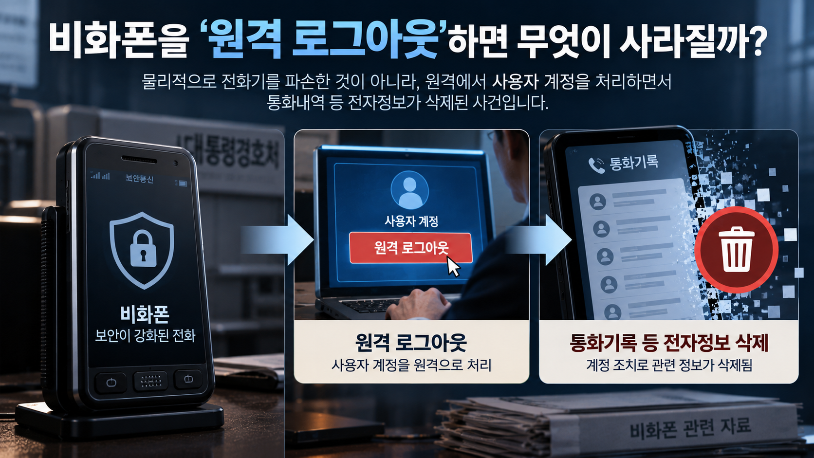 보안 전화의 사용자 계정을 원격 로그아웃할 때 통화 내역 등 전자정보가 삭제되는 구조를 설명한 인포그래픽
