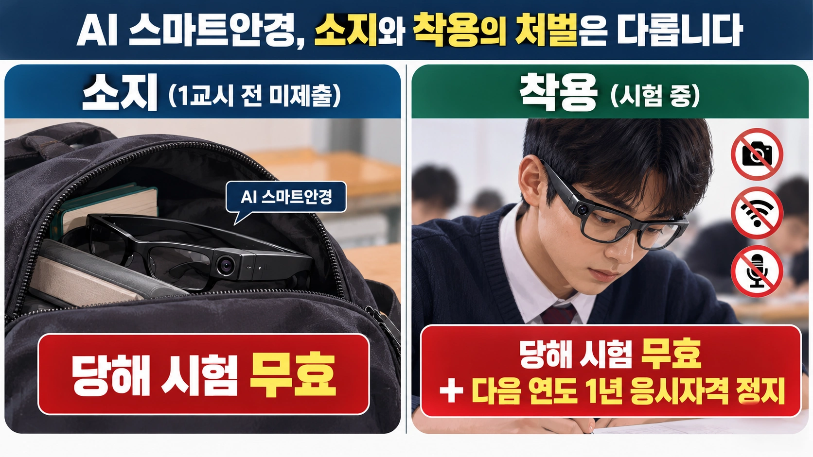 수능에서 AI 스마트안경을 소지만 한 경우와 시험 중 착용한 경우의 제재 차이를 비교한 인포그래픽