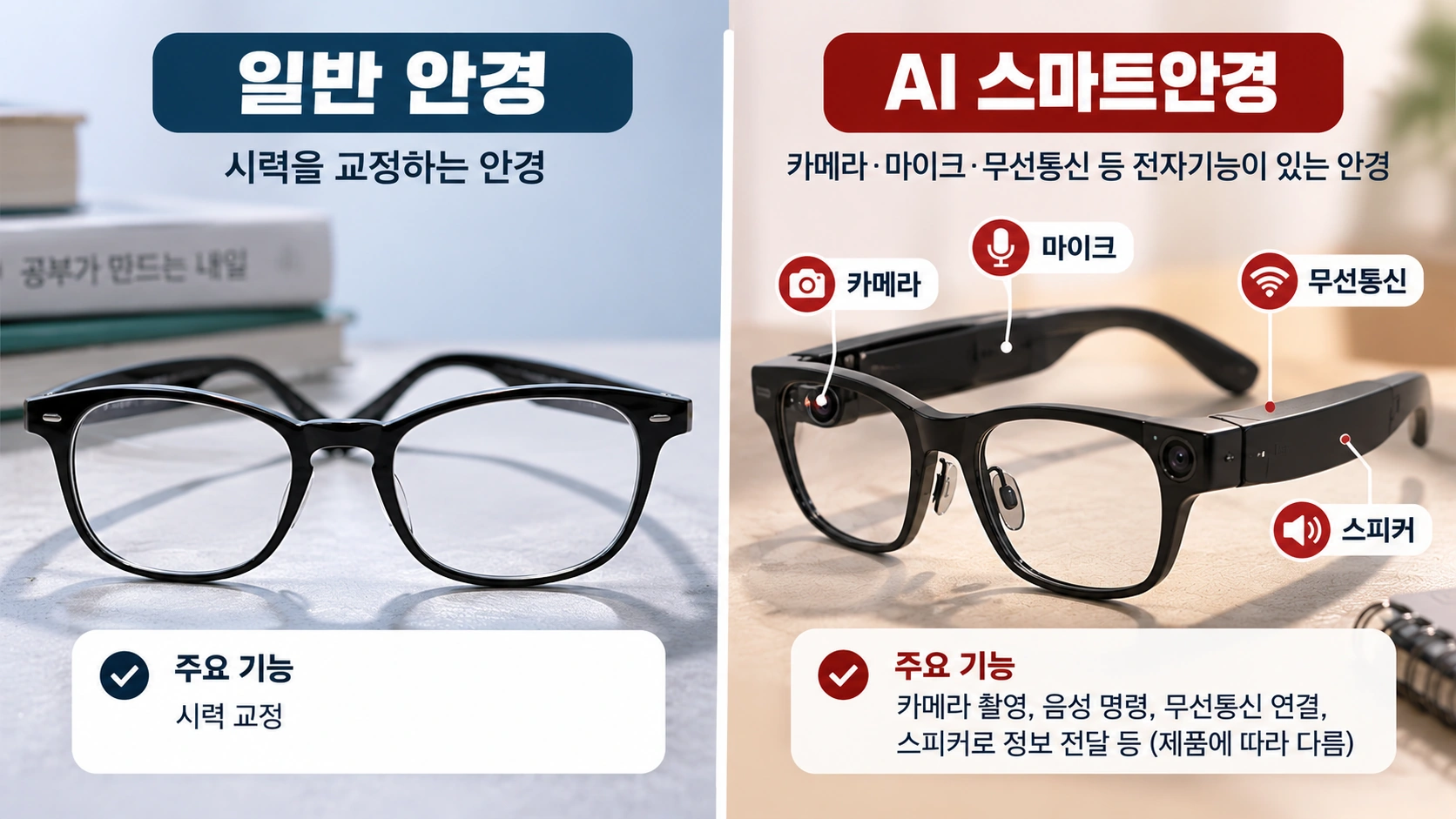 일반 시력교정 안경과 카메라 및 무선통신 기능이 탑재된 AI 스마트안경의 구조 차이를 보여주는 그림