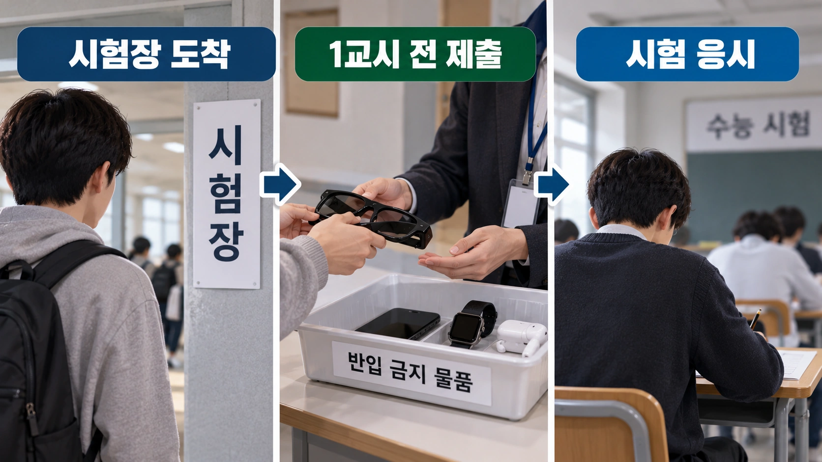 수험생이 시험장 입실 후 1교시 시작 전에 스마트안경과 전자기기를 감독관에게 제출하는 절차를 설명한 그림