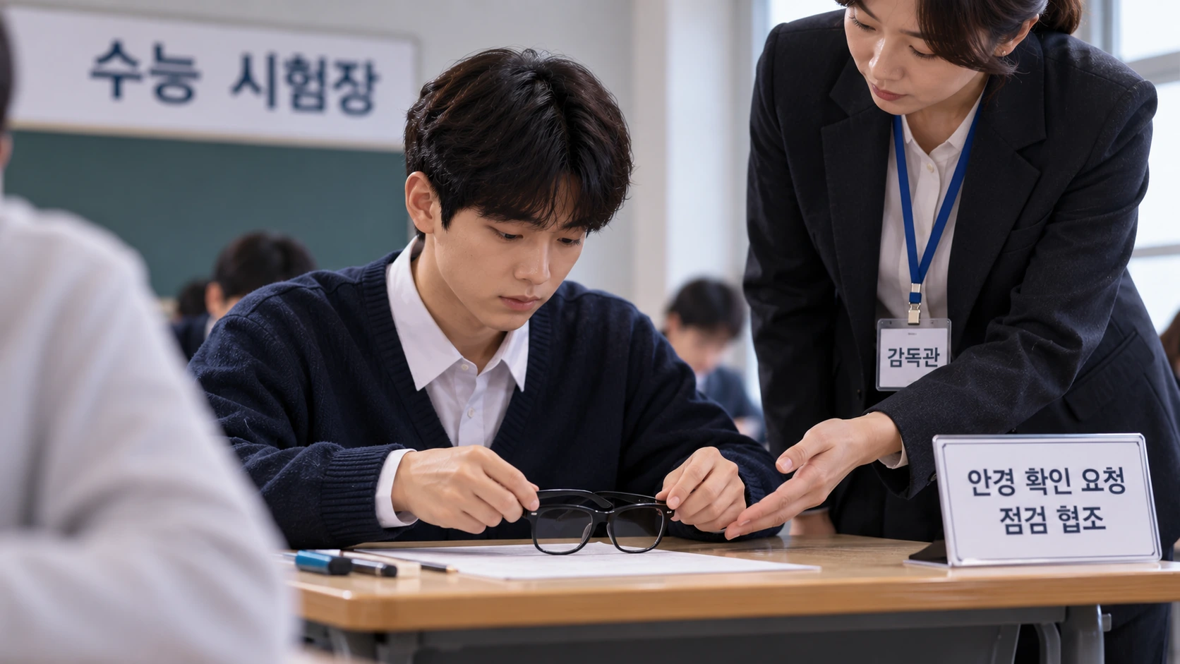 수능 감독관의 요청에 따라 수험생이 일반 안경을 책상 위에 놓고 확인받는 상황을 표현한 일러스트