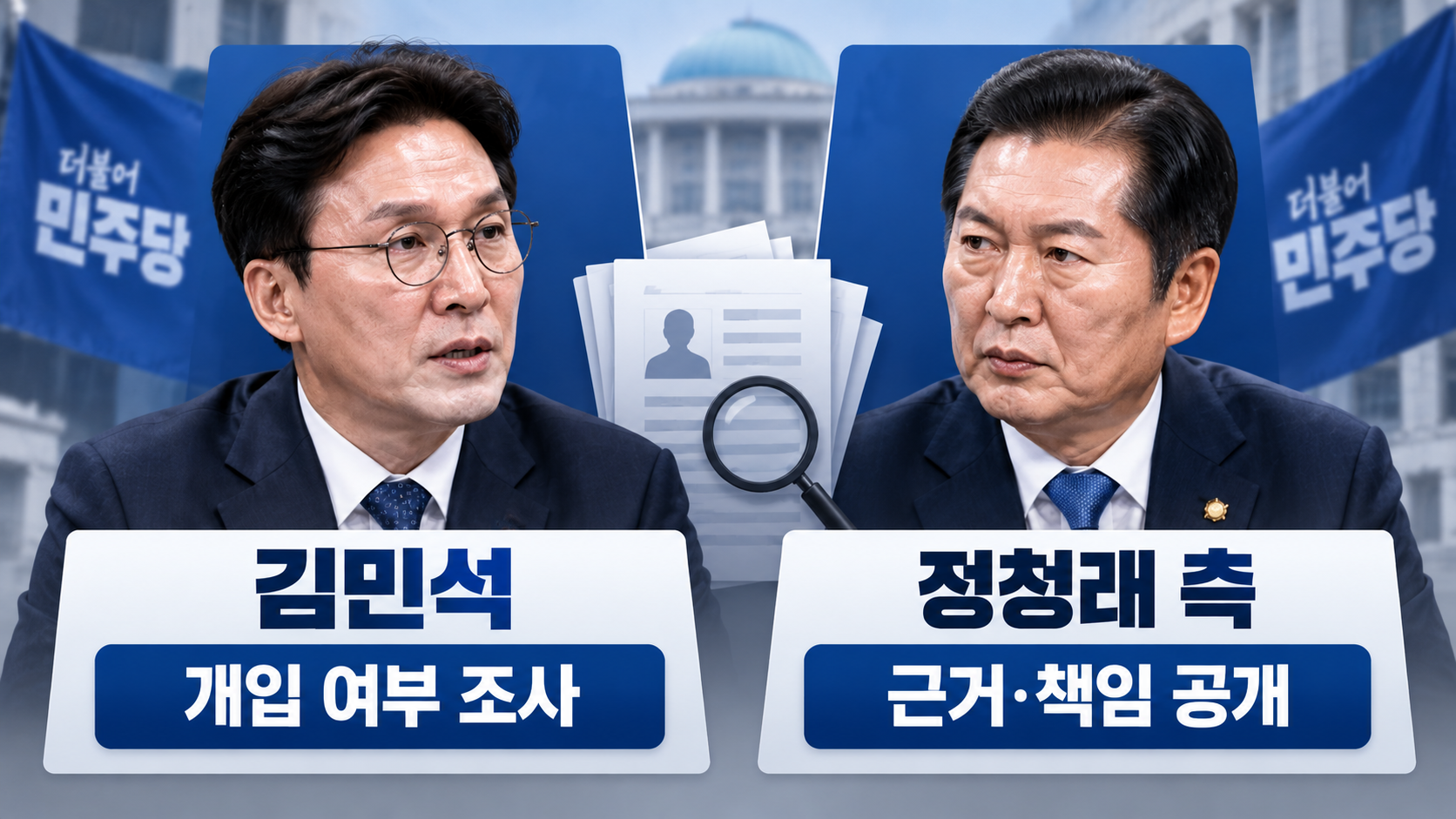 김민석 민주당 대표와 정청래 전 대표 측의 신천지 조사 관련 입장을 비교한 인포그래픽