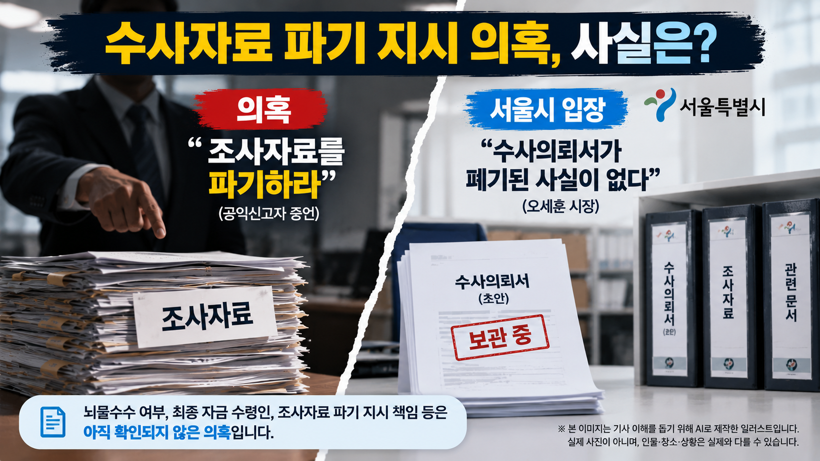 한강버스 수사의뢰서 파기 지시 의혹과 서울시의 문서 보관 설명을 나란히 비교한 인포그래픽