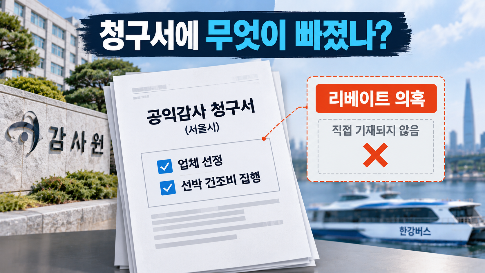 서울시가 감사원에 청구한 선박업체 선정·건조비 문제와 청구서에 직접 기재되지 않은 리베이트 의혹을 비교한 인포그래픽
