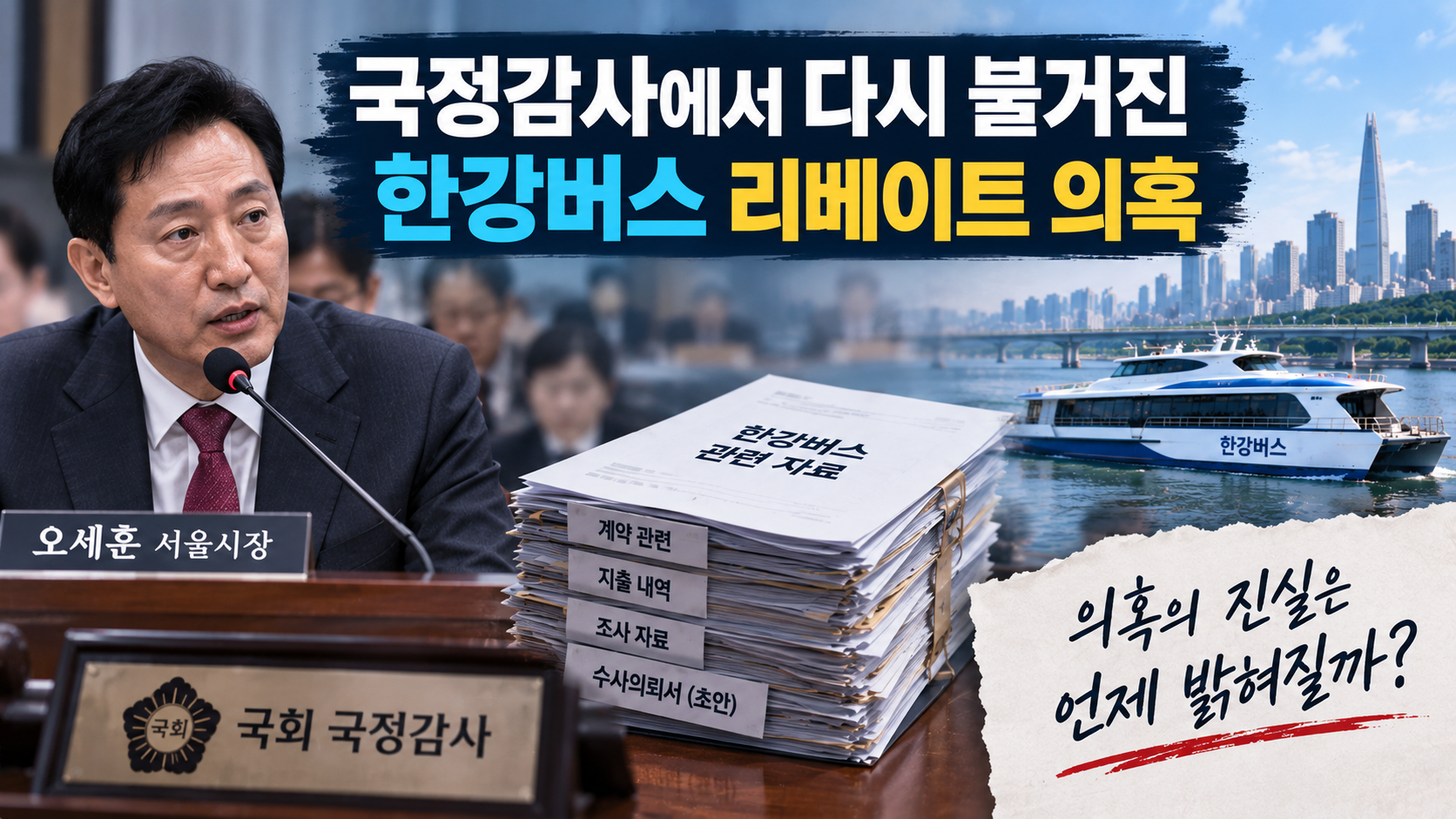 한강버스 리베이트 의혹 규명을 위한 자금 흐름, 수사의뢰서 처리 과정, 감사원 청구자료 확인의 세 가지 과제를 정리한 인포그래픽