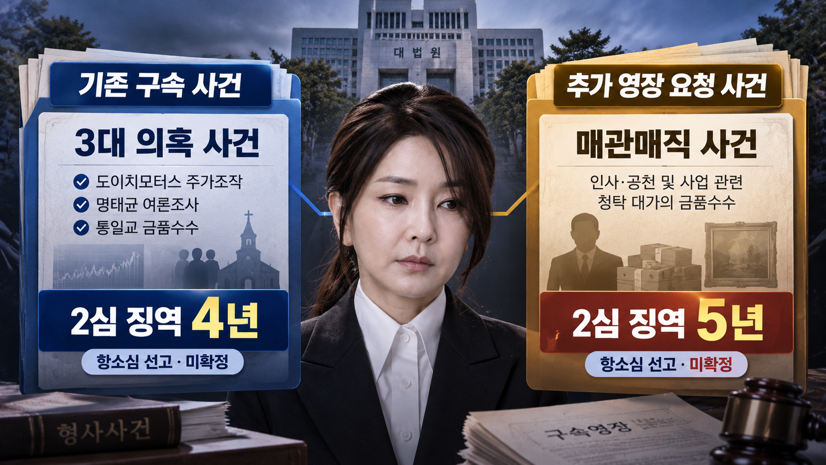 김건희 3대 의혹 사건과 매관매직 사건의 재판 및 구속영장 관계를 비교한 인포그래픽