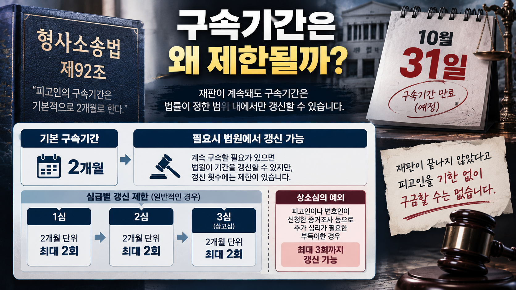 형사재판에서 구속기간을 2개월 단위로 갱신하는 법적 구조를 설명한 그림