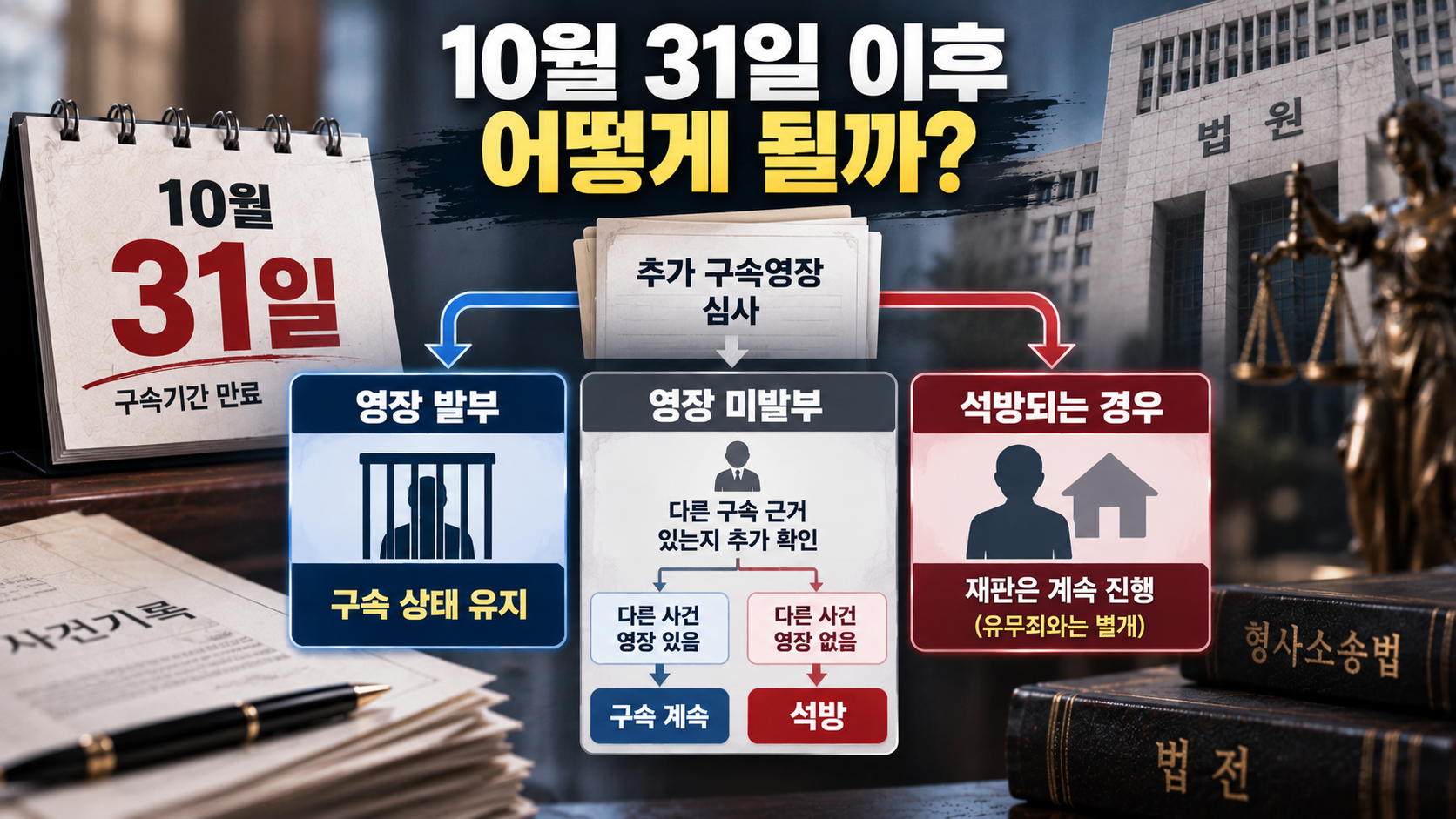 김건희 구속기간 만료 이후 추가 영장 발부 여부에 따른 가능한 절차를 비교한 흐름도