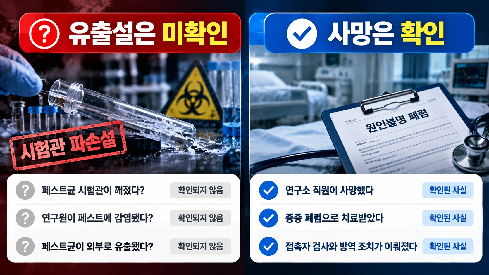 러시아 실험실 사고 의혹과 공식 확인된 사실을 구분한 비교 인포그래픽