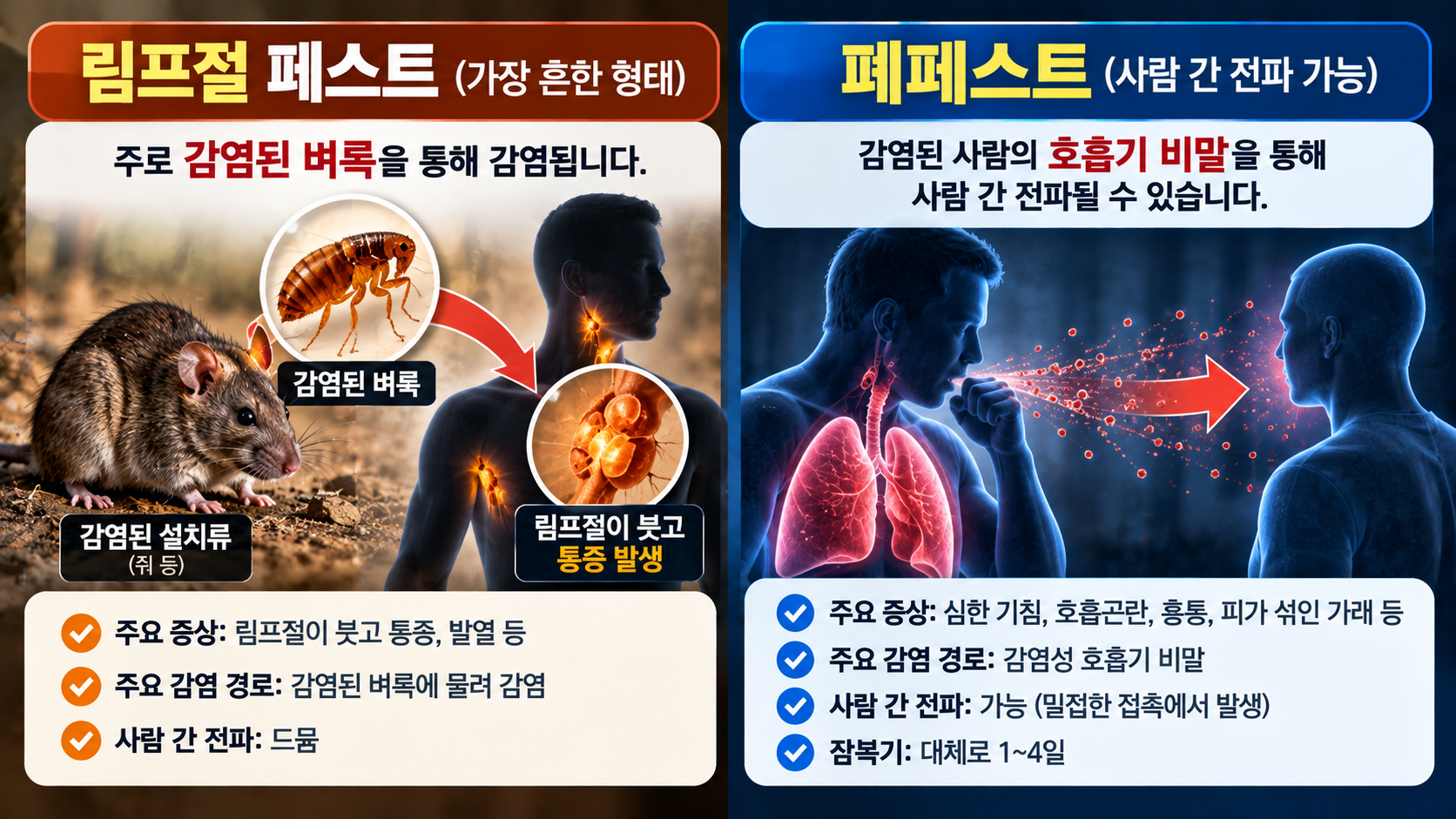 림프절 페스트와 폐페스트의 주요 감염 경로 및 사람 간 전파 차이를 설명한 그림