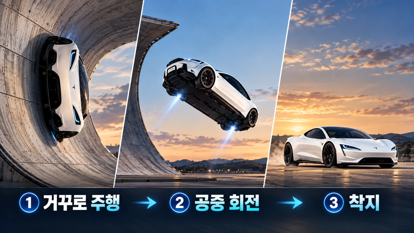 테슬라 로드스터가 구조물을 거꾸로 달리고 공중에서 회전한 뒤 착지하는 세 단계 시연 과정을 설명한 그림
