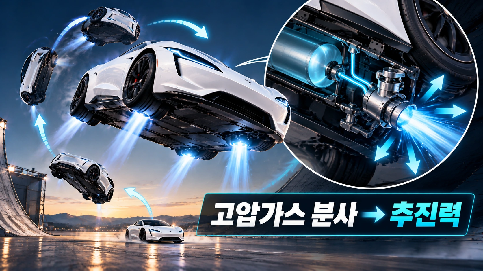 테슬라 로드스터의 고압가스 탱크와 분사 노즐이 추진력을 만들어 공중에서 차체 자세를 바꾸는 원리를 설명한 그림