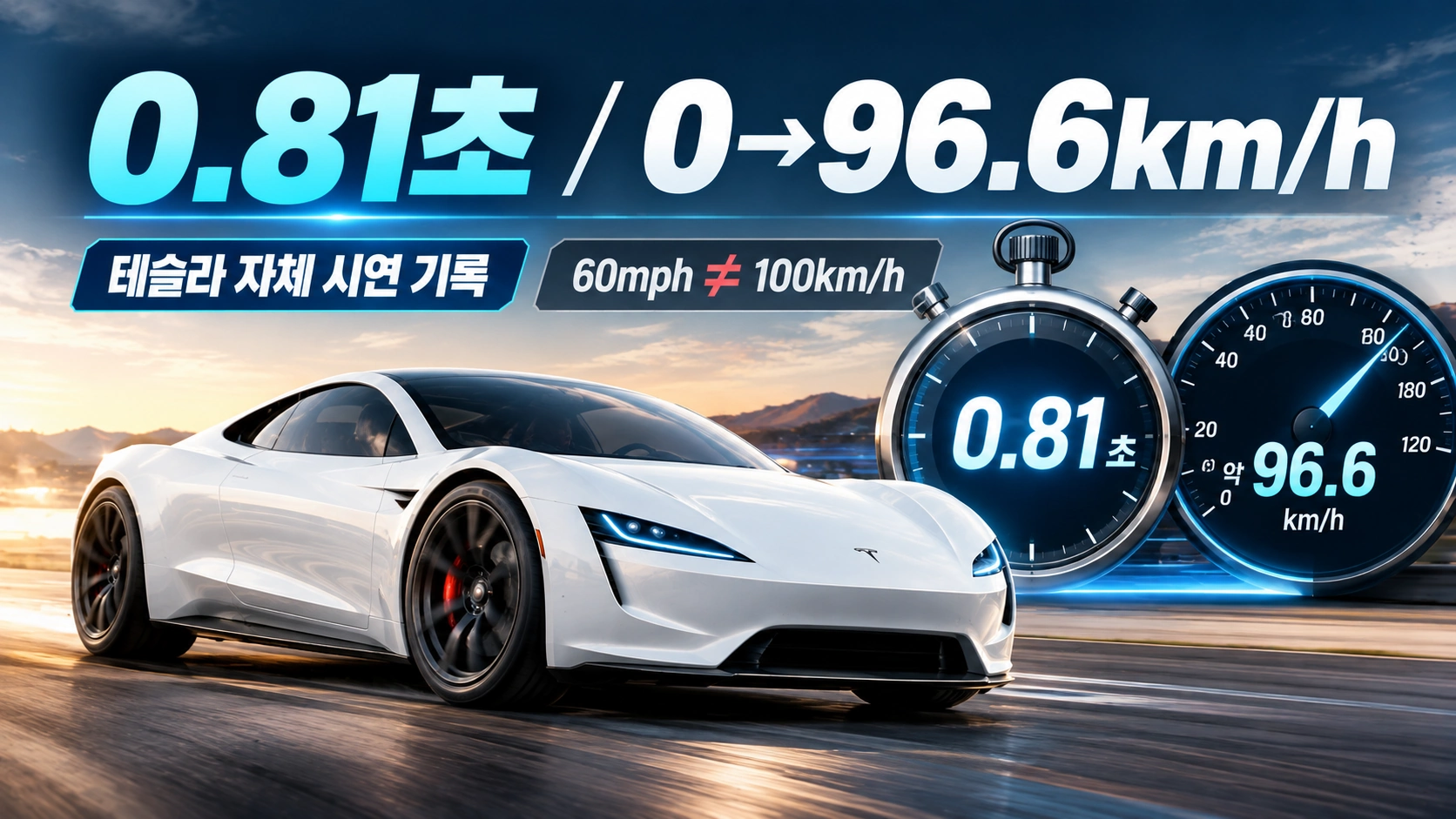 테슬라 로드스터가 정지 상태에서 시속 약 96.6km까지 0.81초에 도달했다고 발표한 가속 시연을 설명한 인포그래픽