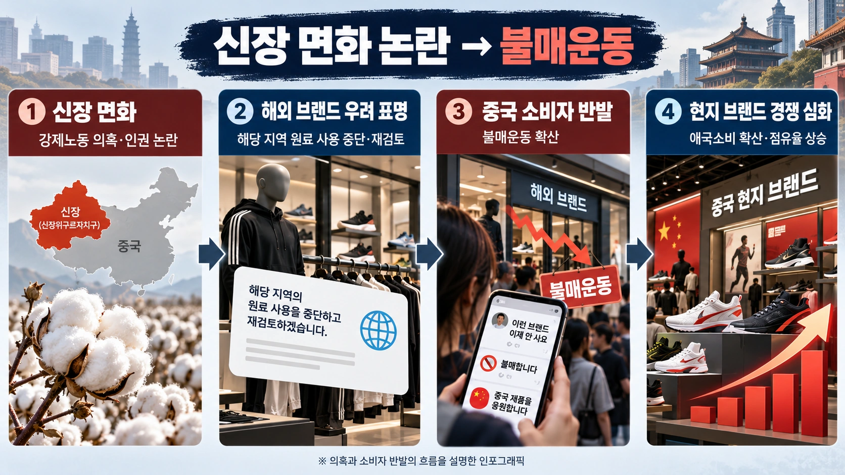 신장위구르 강제노동 의혹과 중국 내 외국 스포츠 브랜드 불매운동의 관계를 설명한 일러스트
