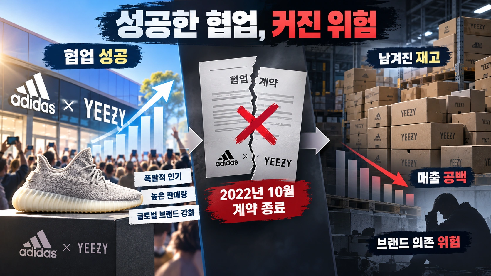 아디다스와 이지 브랜드의 협업 성공부터 2022년 계약 종료까지의 흐름을 보여주는 인포그래픽