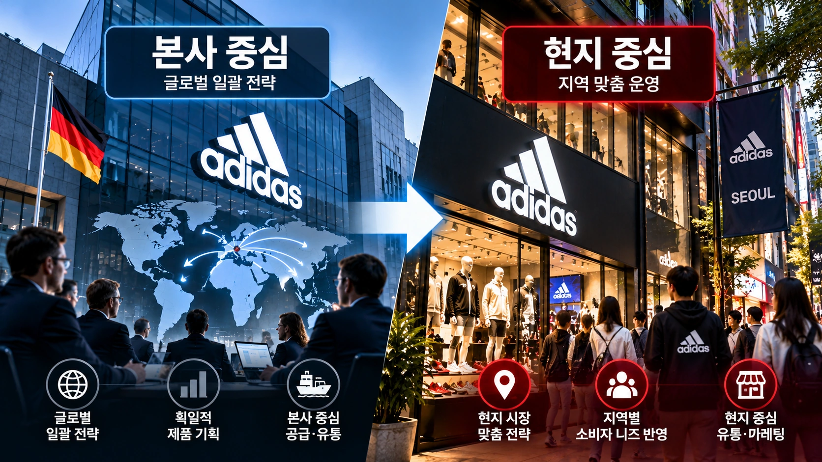 아디다스가 독일 본사 중심 의사결정에서 지역별 시장 대응 체계로 변화한 모습을 보여주는 비교 인포그래픽