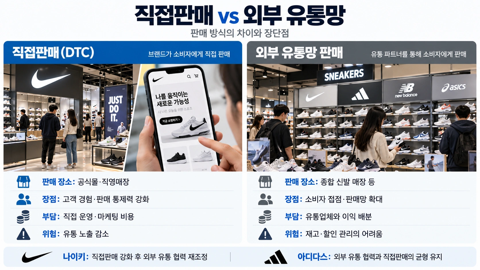 나이키와 아디다스의 직접판매 및 외부 유통업체 협력 전략 차이를 설명한 인포그래픽