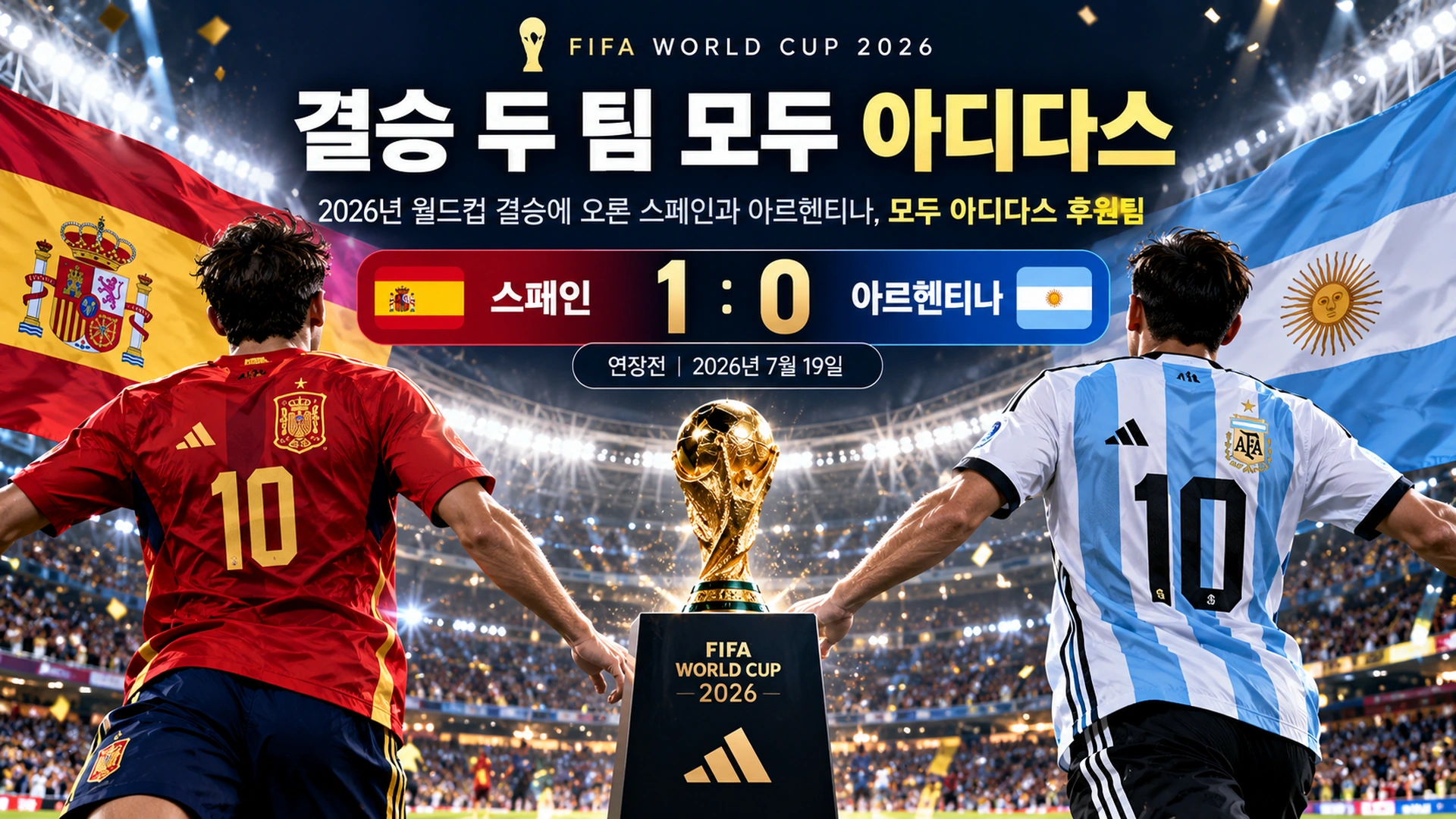 2026년 월드컵 결승에 진출한 아르헨티나와 스페인이 모두 아디다스 후원팀이라는 사실을 보여주는 스포츠 마케팅 인포그래픽