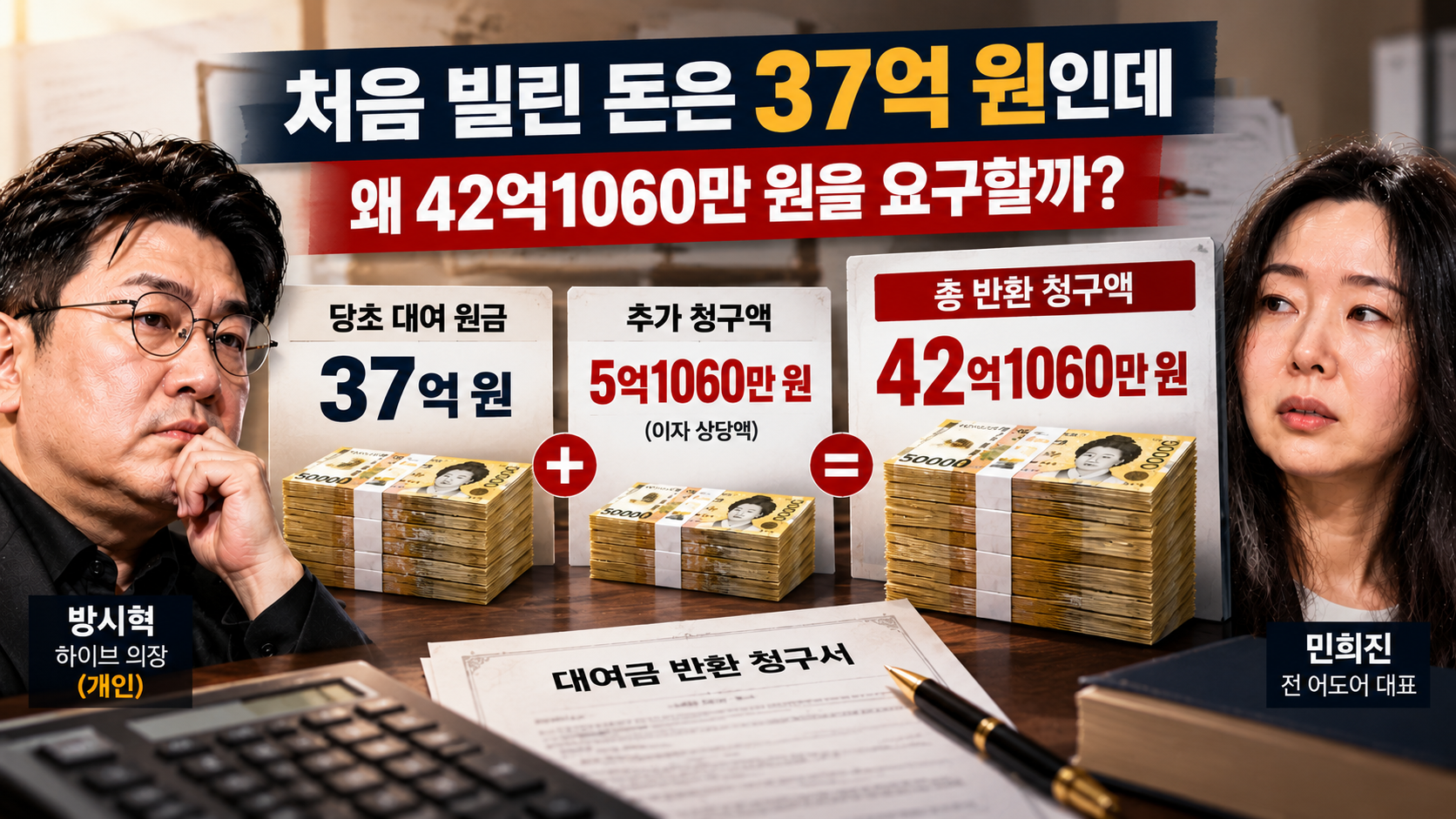 민희진의 당초 차용금 37억 원과 방시혁의 소송 청구액 42억1060만 원을 비교한 인포그래픽