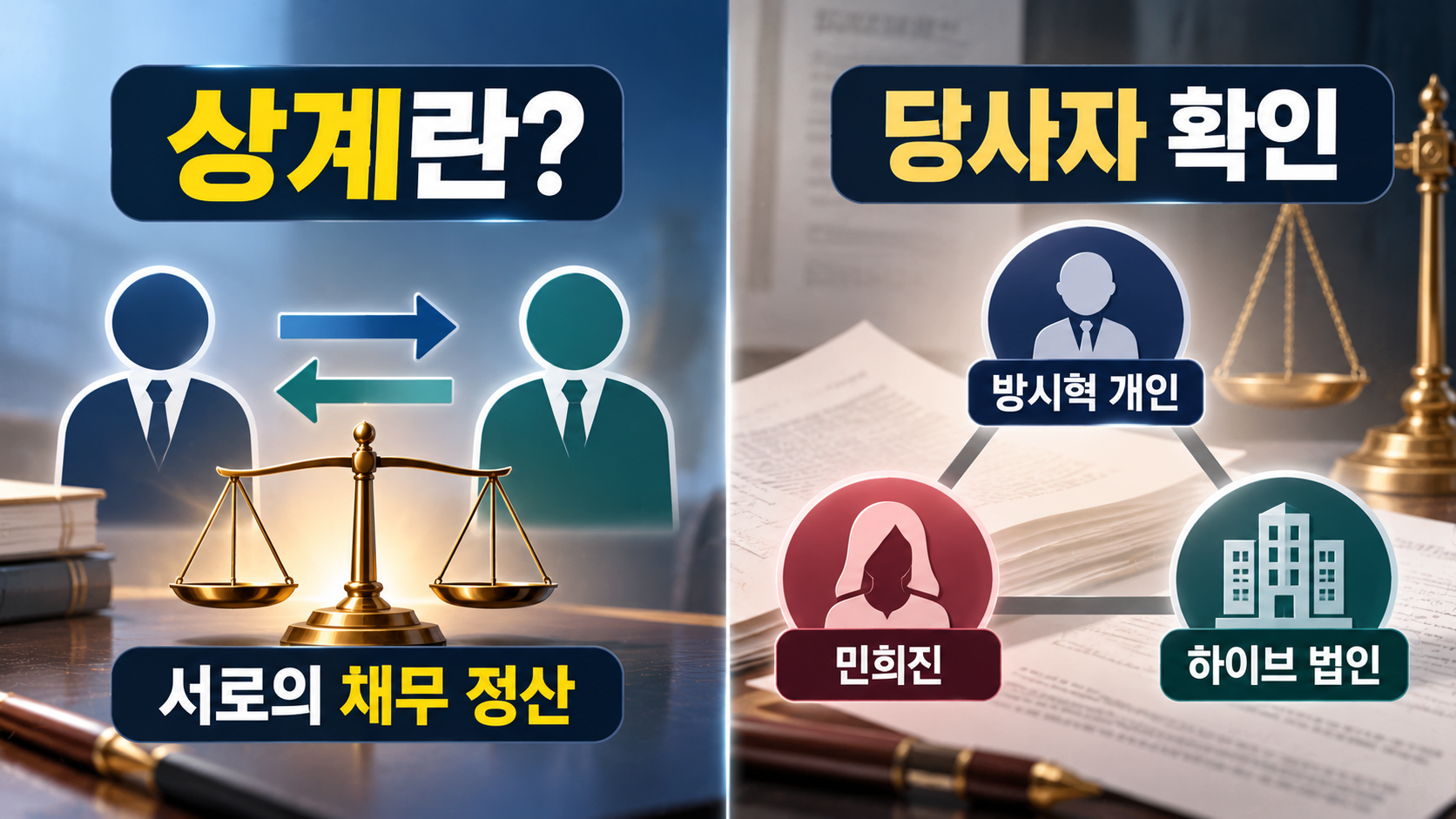민희진 측의 상계 정산 주장과 서로 다른 법적 당사자에 따른 상계 요건을 설명하는 인포그래픽