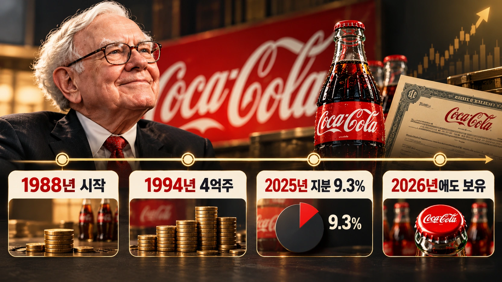 버크셔해서웨이가 1988년 코카콜라 투자를 시작해 1994년 4억주 매입을 완료하고 2026년까지 보유한 과정을 설명한 타임라인