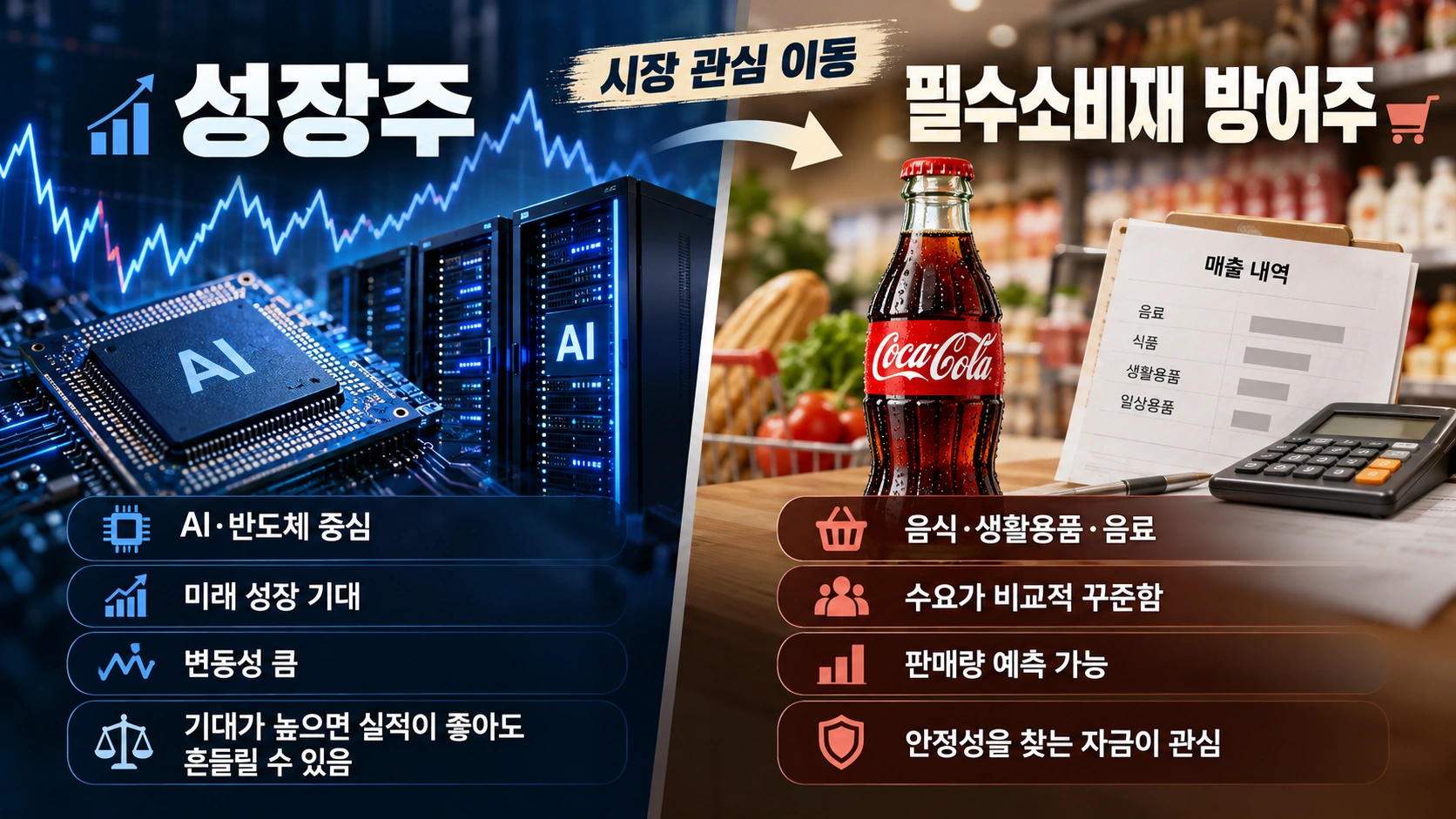 기술주 중심의 성장주 투자와 코카콜라 같은 필수소비재 방어주 투자의 특징을 비교한 인포그래픽