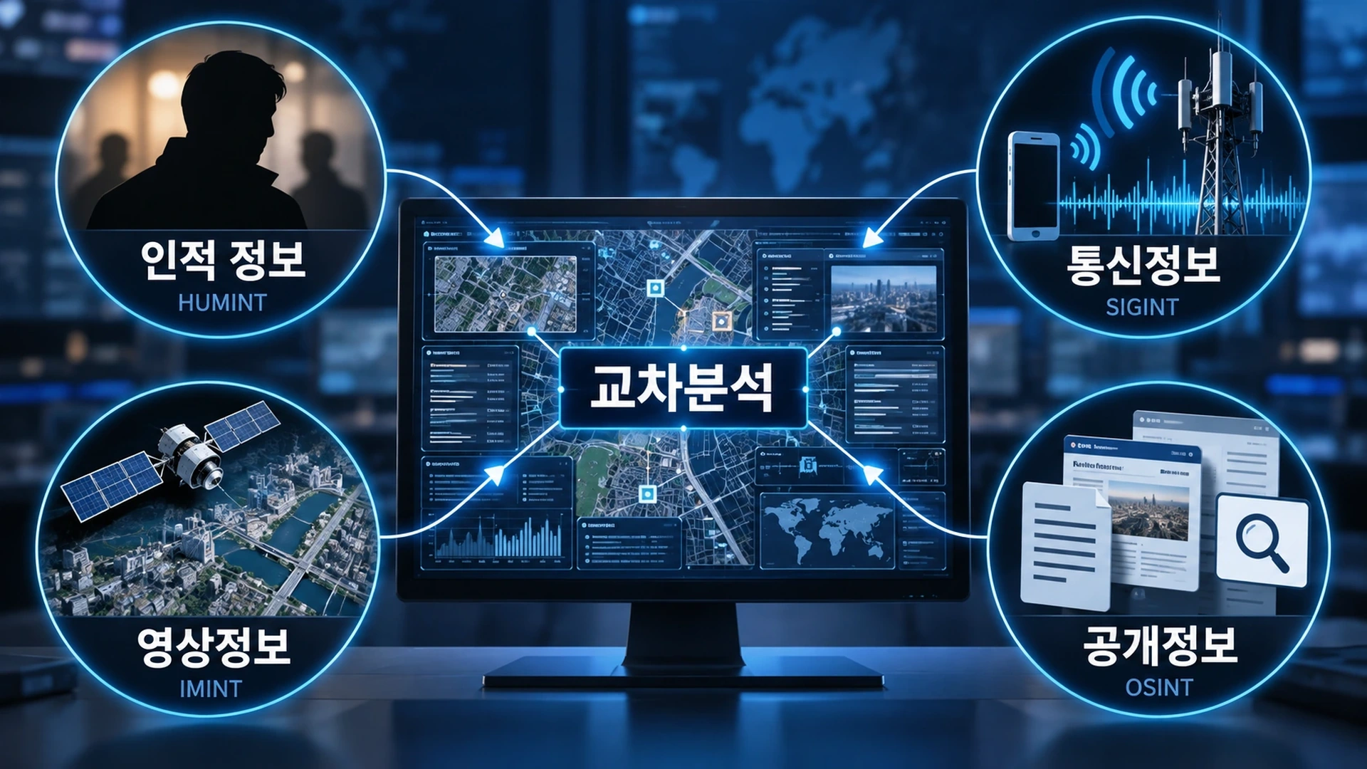 인적 정보 통신정보 위성영상과 드론 관측 자료가 하나의 정보분석 화면으로 모이는 과정을 설명한 그림