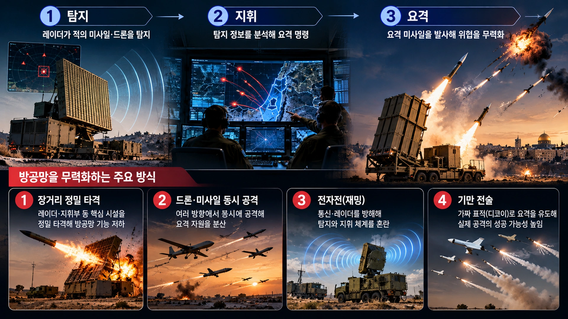 레이더와 지대공미사일로 구성된 방공체계와 스텔스 항공기·전자전·방공망 제압의 관계를 설명한 개념도