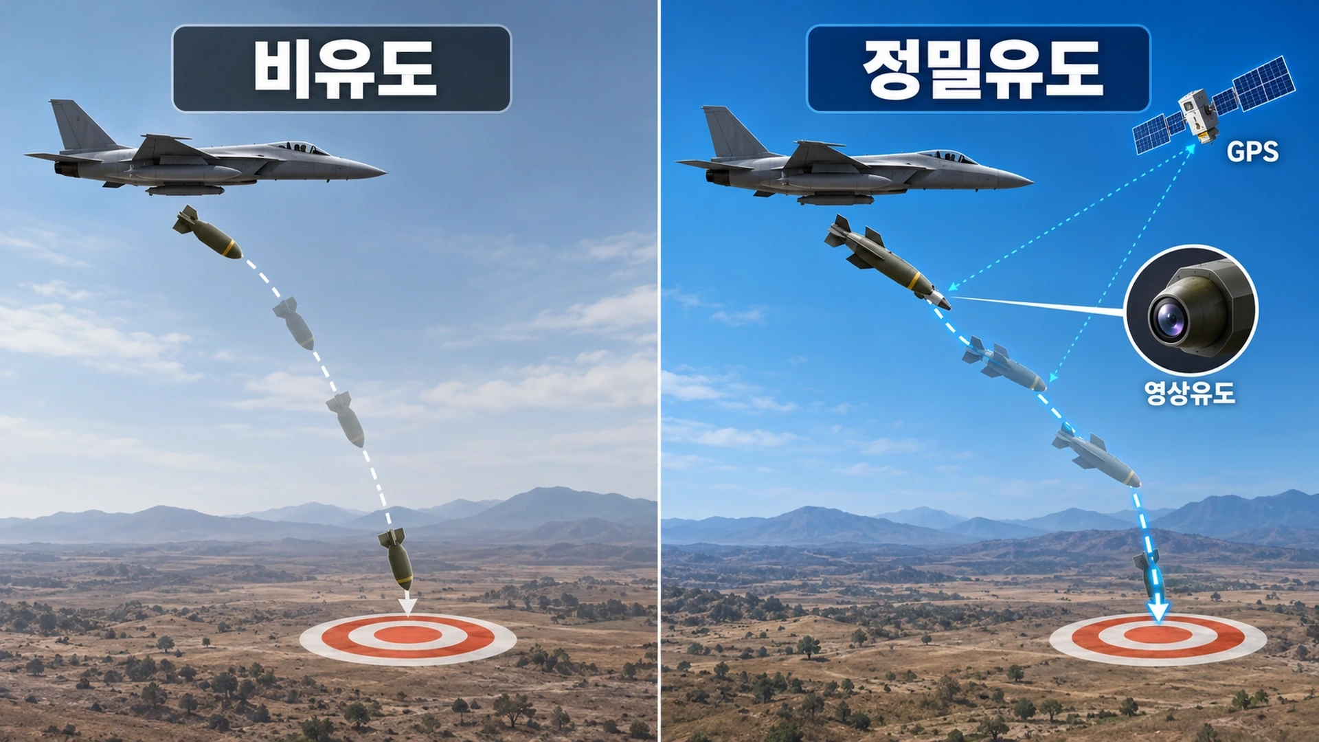 일반적인 폭탄과 GPS·영상정보를 이용한 정밀유도폭탄의 목표물 추적 개념을 비교한 인포그래픽
