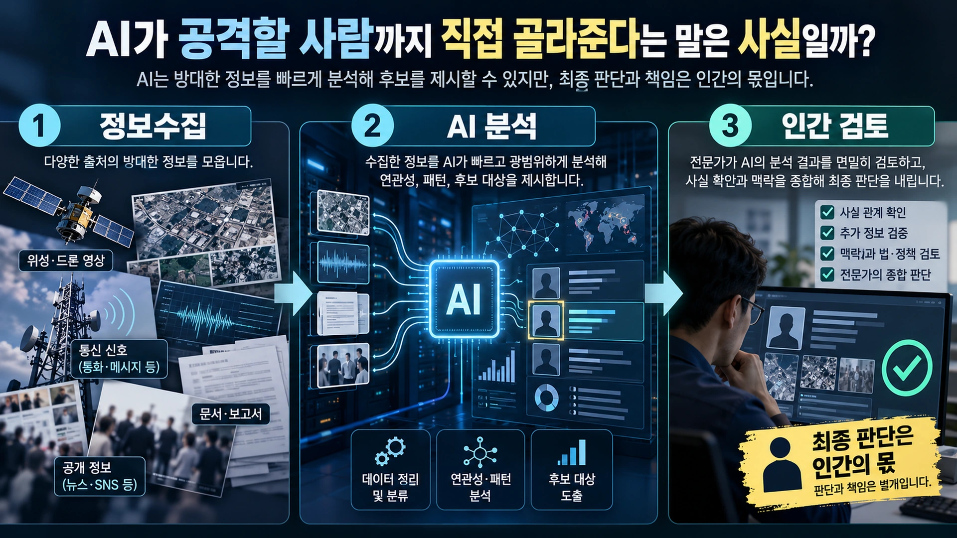대량의 정보가 인공지능 분석 시스템을 거쳐 인간 분석가의 검토로 이어지는 군사정보 처리 과정을 보여주는 그림