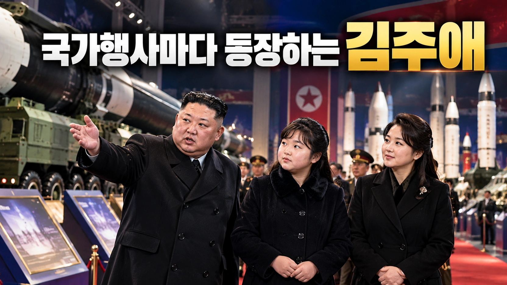 김정은과 김주애가 국방박물관 행사에 동행한 상황과 북한의 주요 무기 전시를 설명한 일러스트