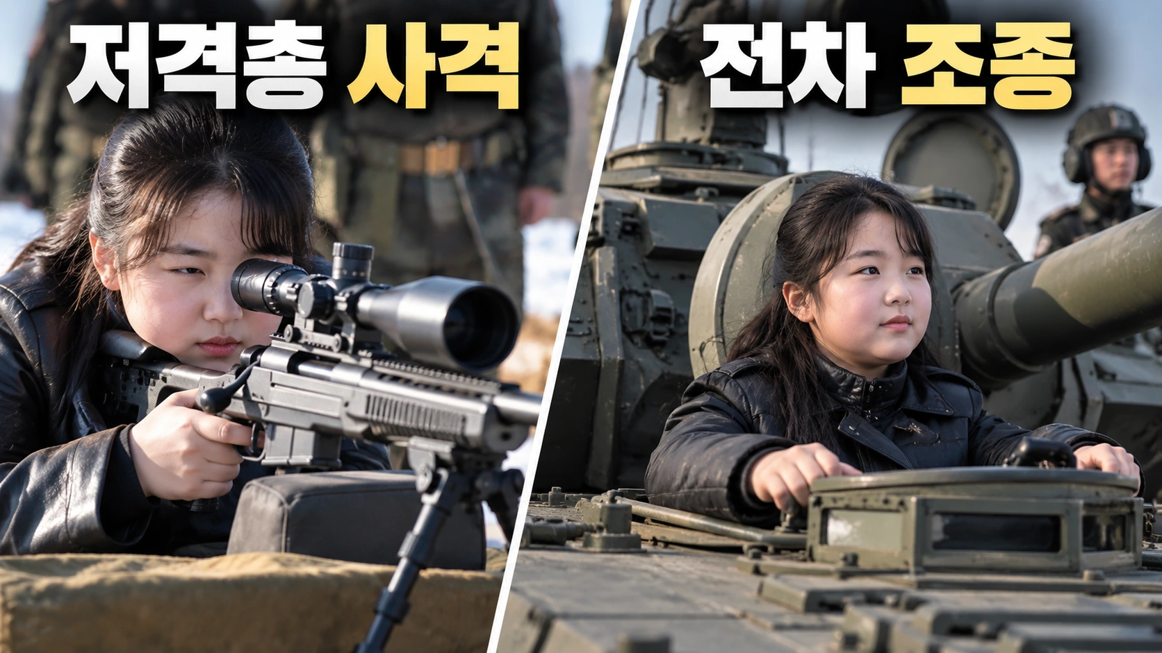 김주애의 저격총 사격과 전차 조종 장면이 갖는 군사적 상징성을 설명한 일러스트